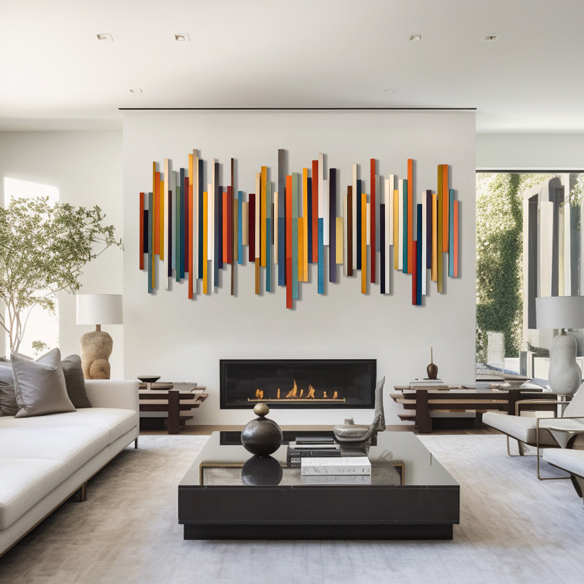 Abstract sound wave inspired wood slat wall art