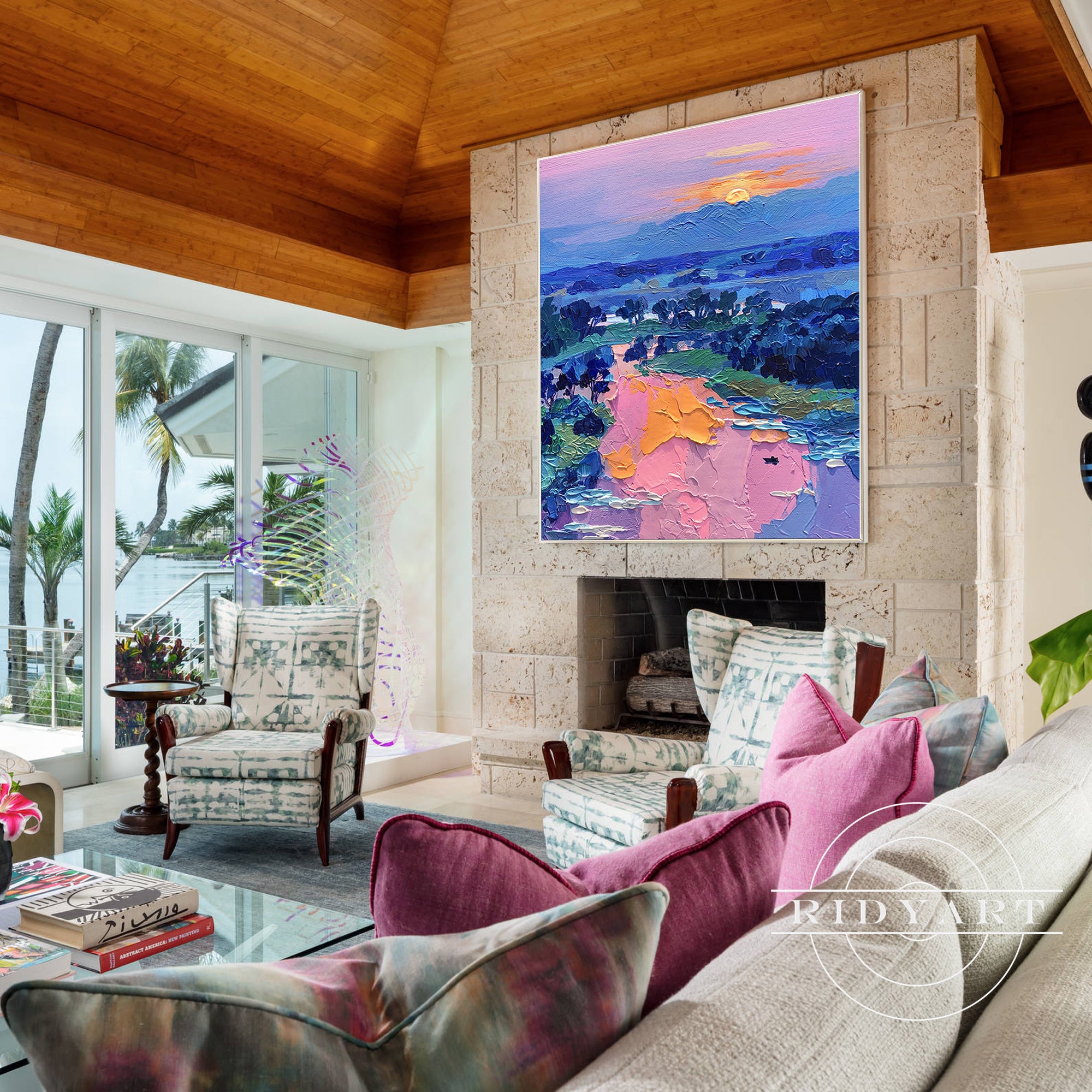 Modern mountain landscape painting with sunrise texture.