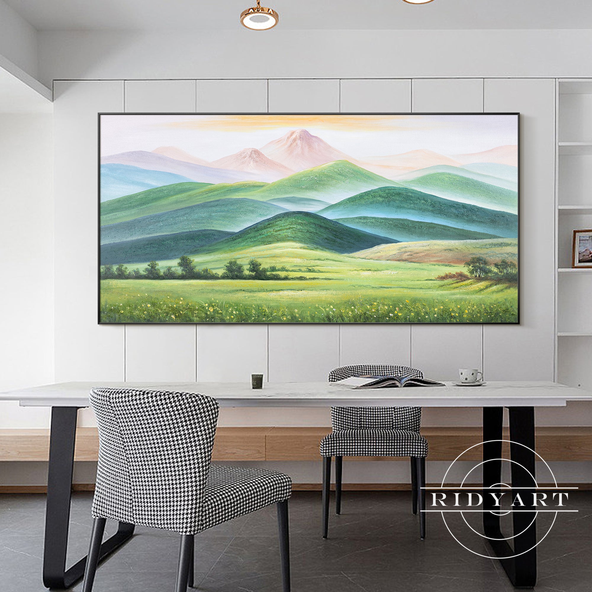 Bold turquoise and gold mountain artwork for home