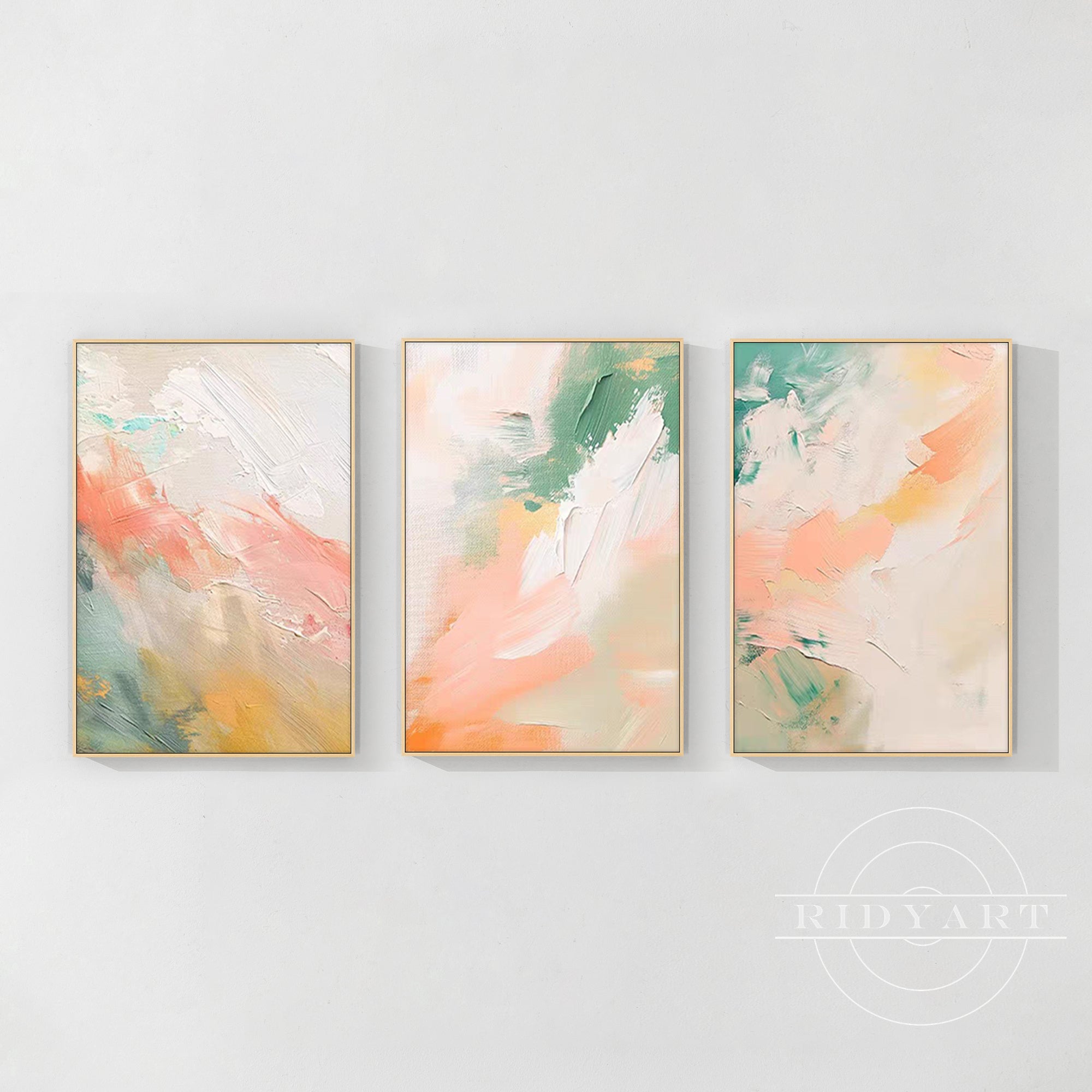 Elegant abstract petal pink and green wall art set for home decor.