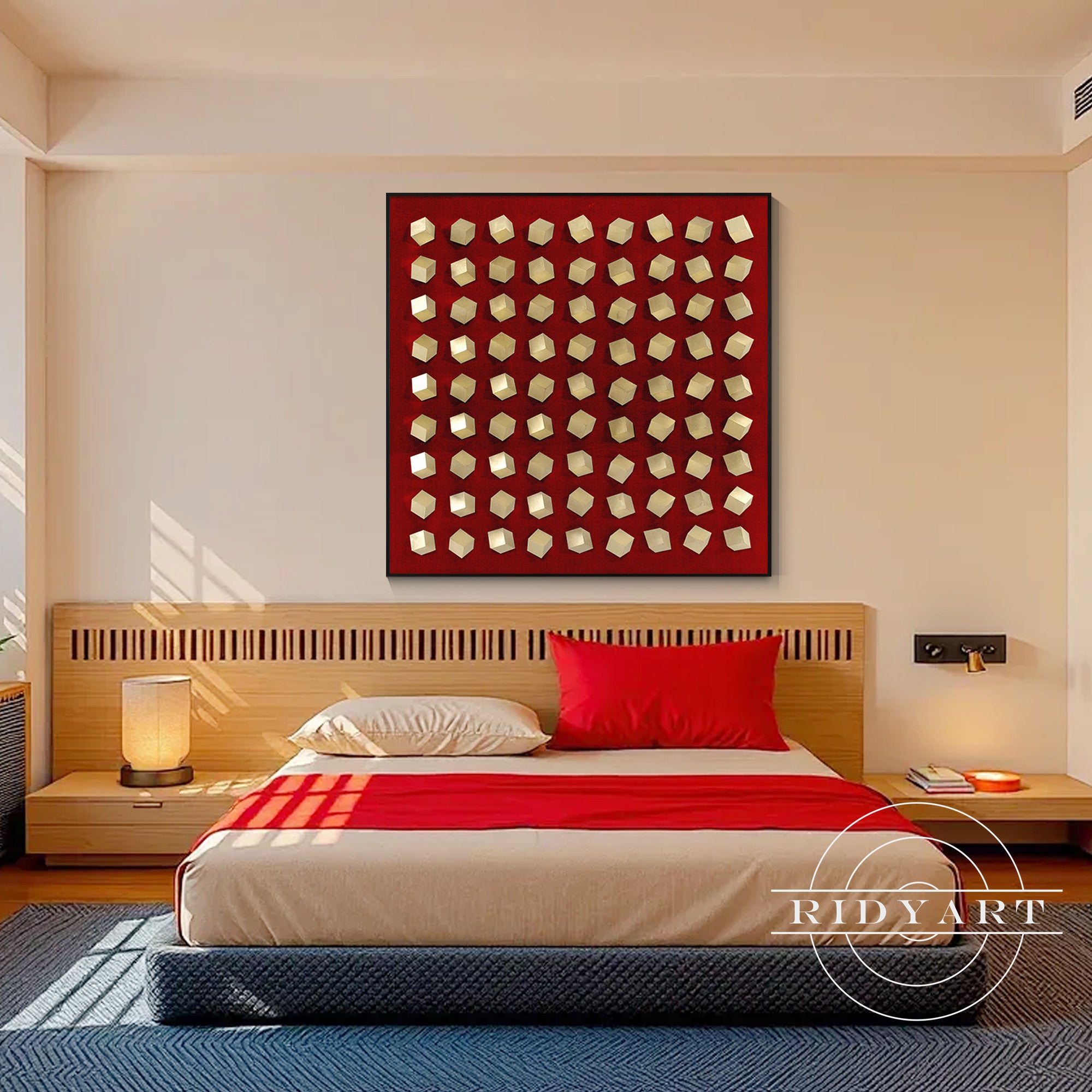 Abstract red gold geometric wood wall art for modern interiors