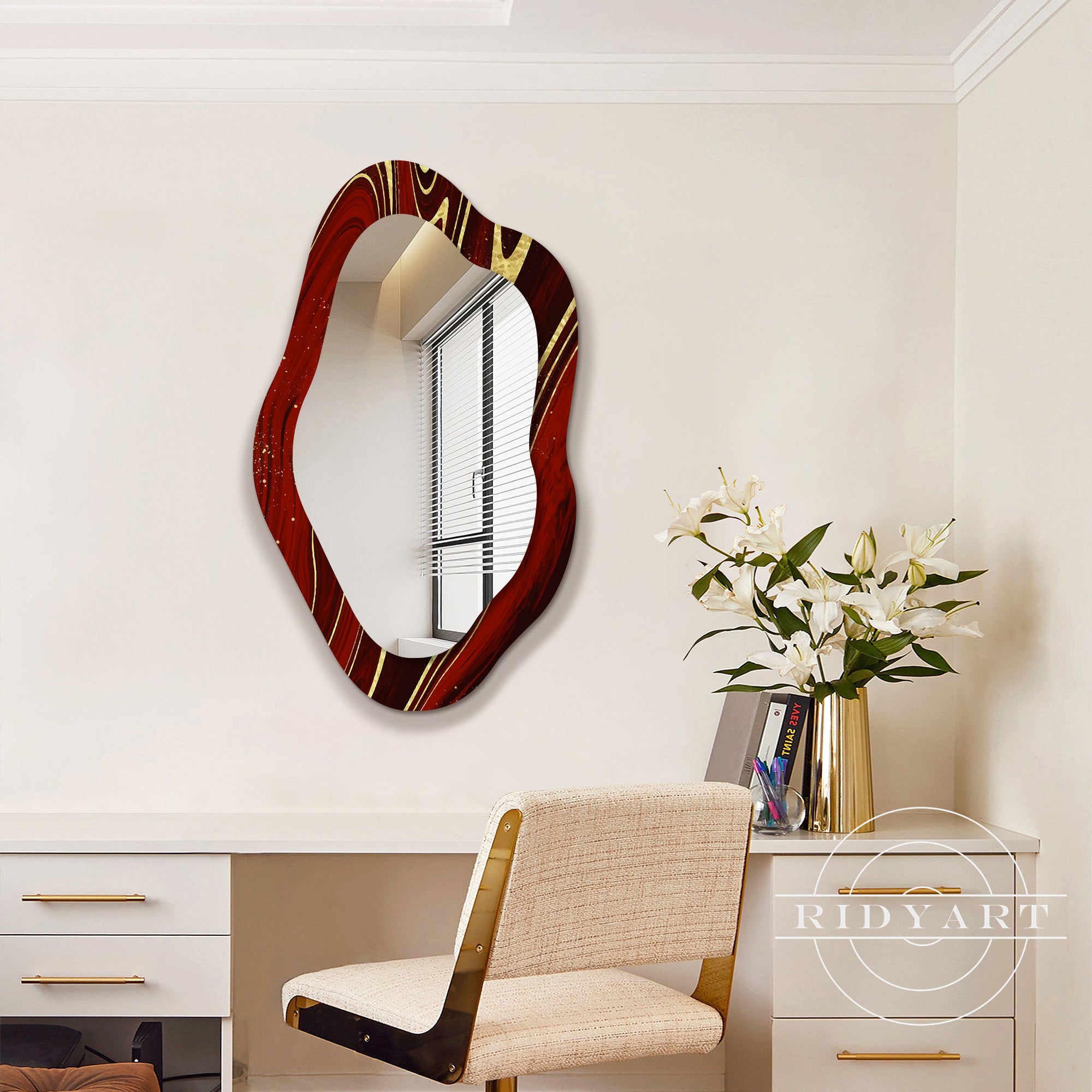 Reddish gold accent mirror for hallway or vanity decor