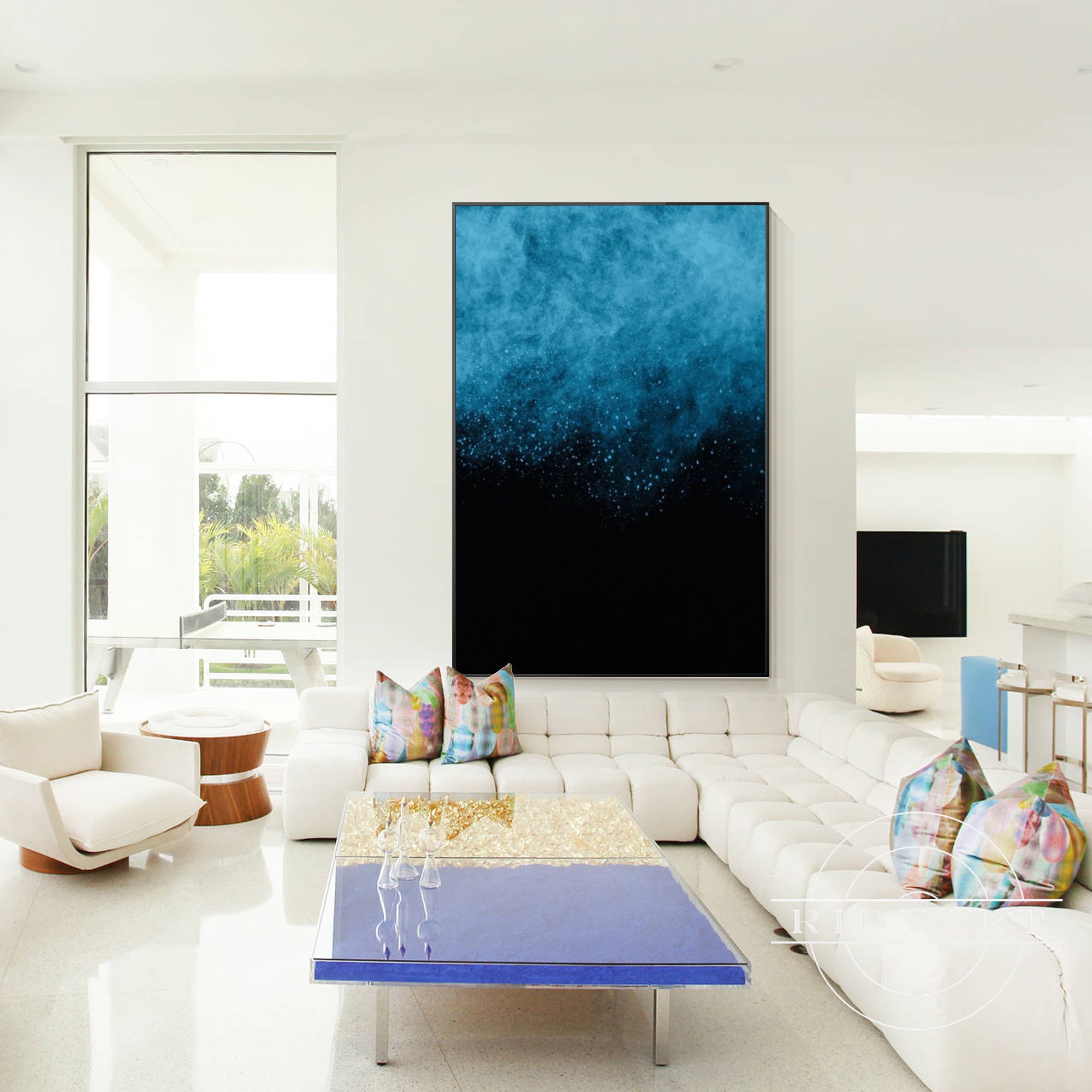 Modern black and blue ocean painting for living room decor.