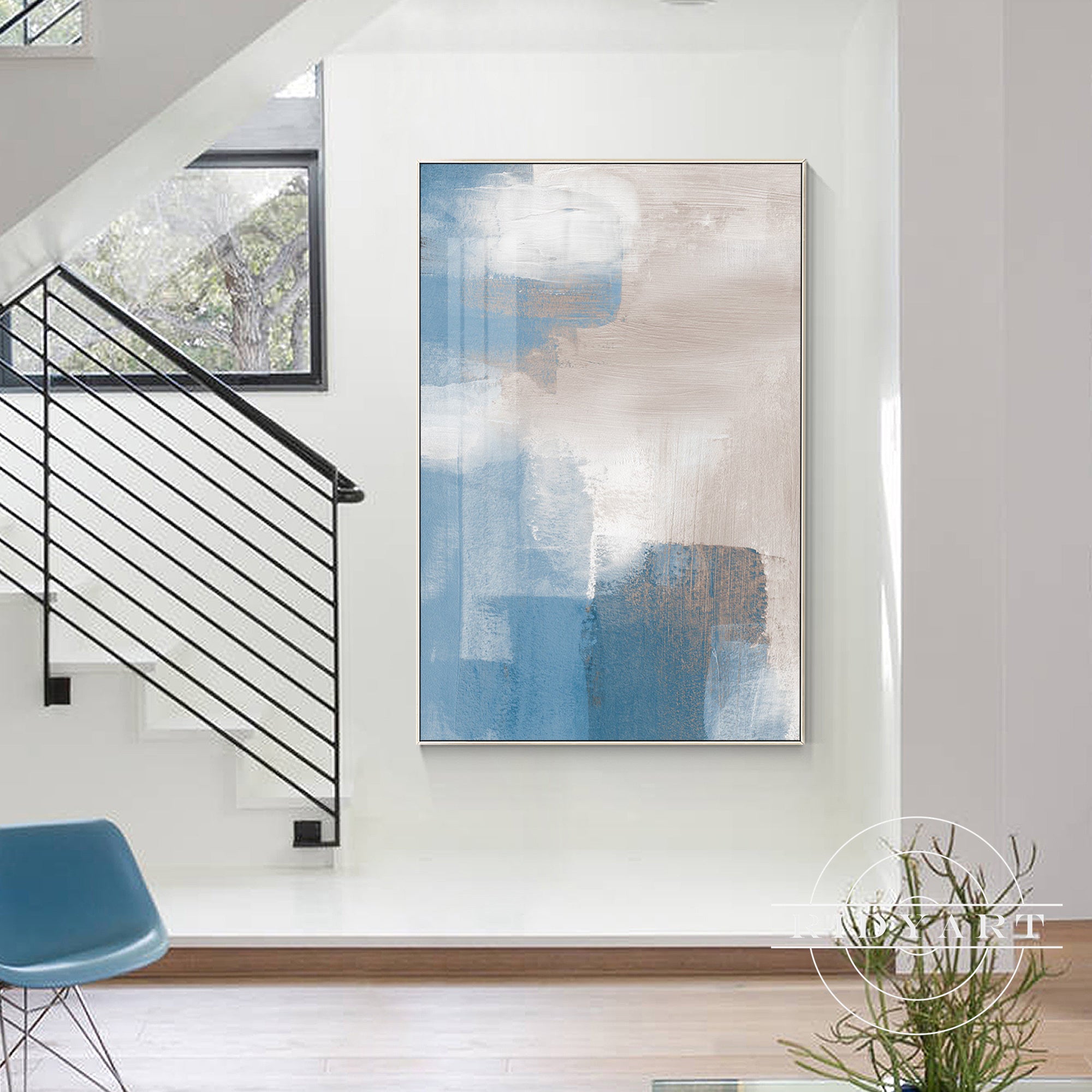 Contemporary blue and brown abstract artwork for living room walls.