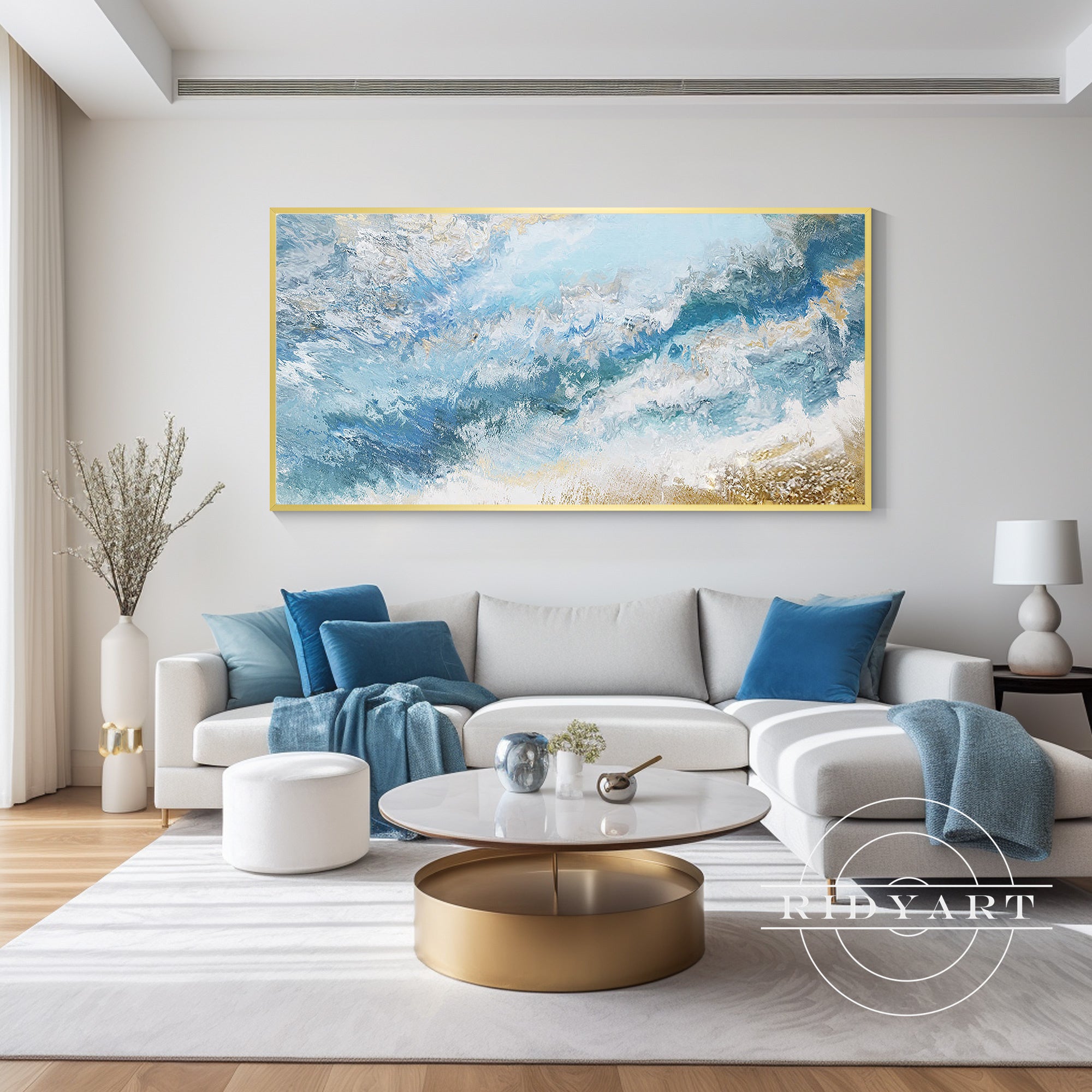 Modern blue coastal wall decor with white sea foam details