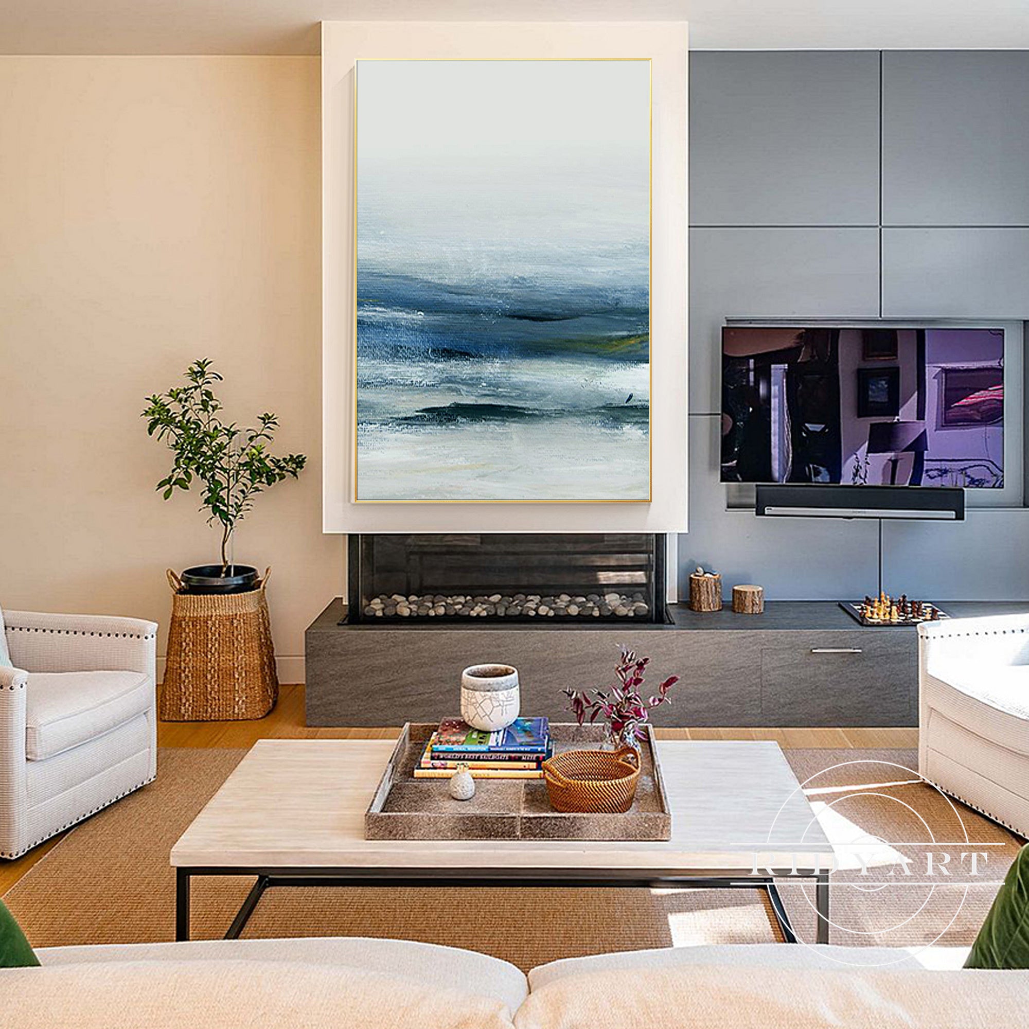 Contemporary teal blue and gray wall art for beach-inspired decor