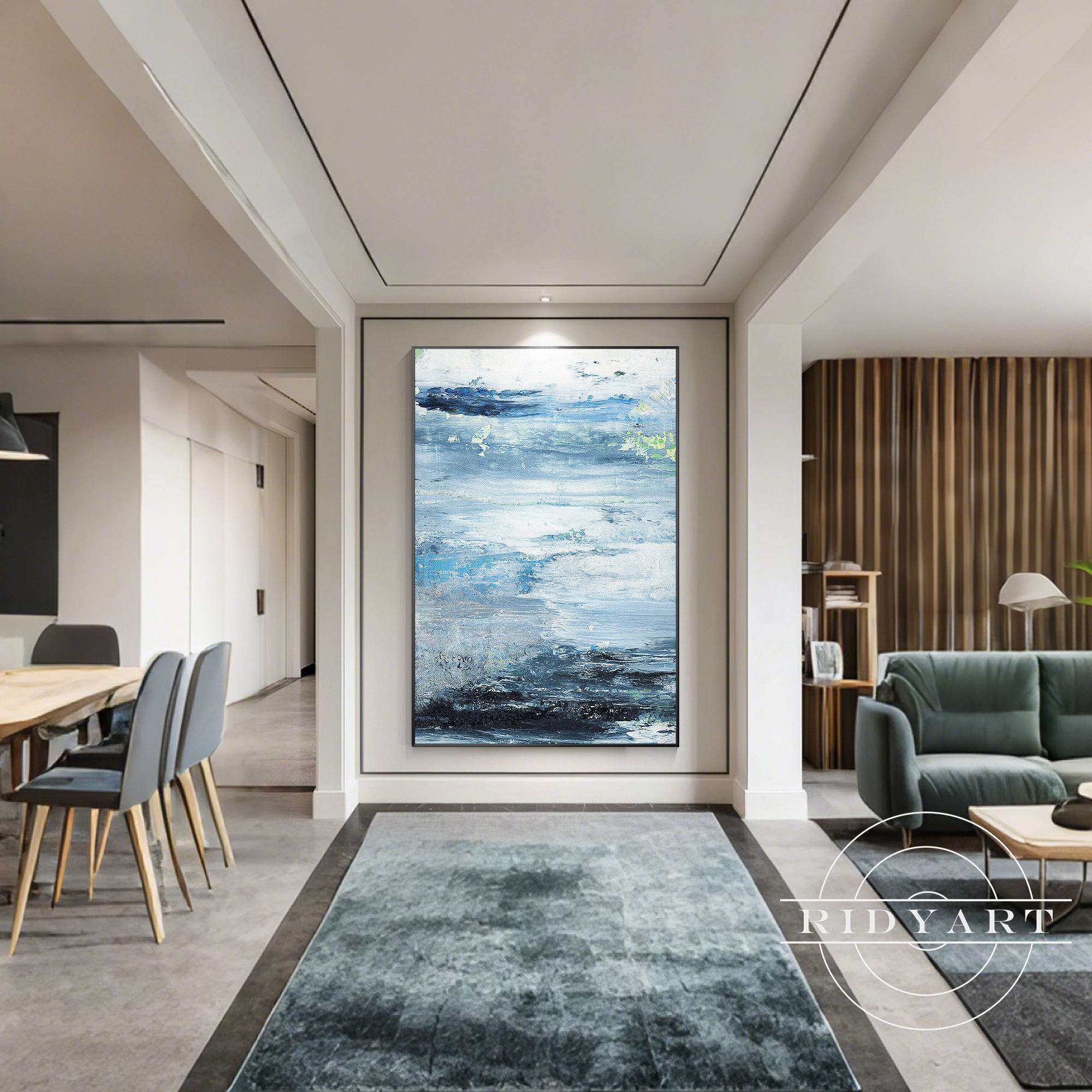 Navy and aqua vertical ocean painting for beach house
