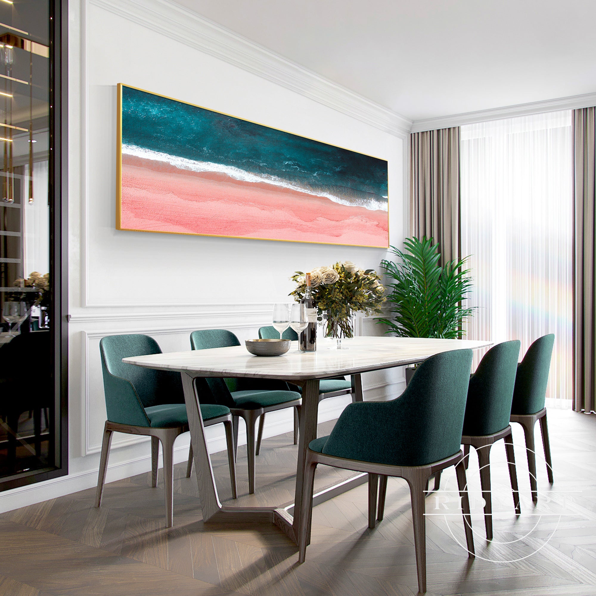 Large ocean-inspired abstract wall art in blue and pink tones.