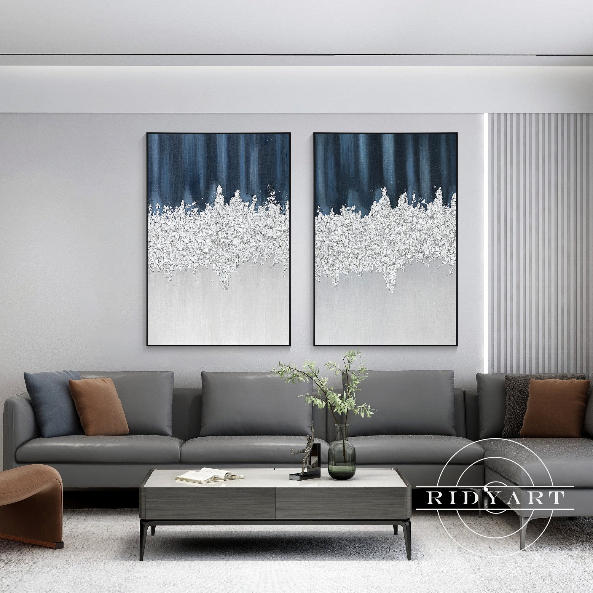 Hand-painted blue silver foil wall art set