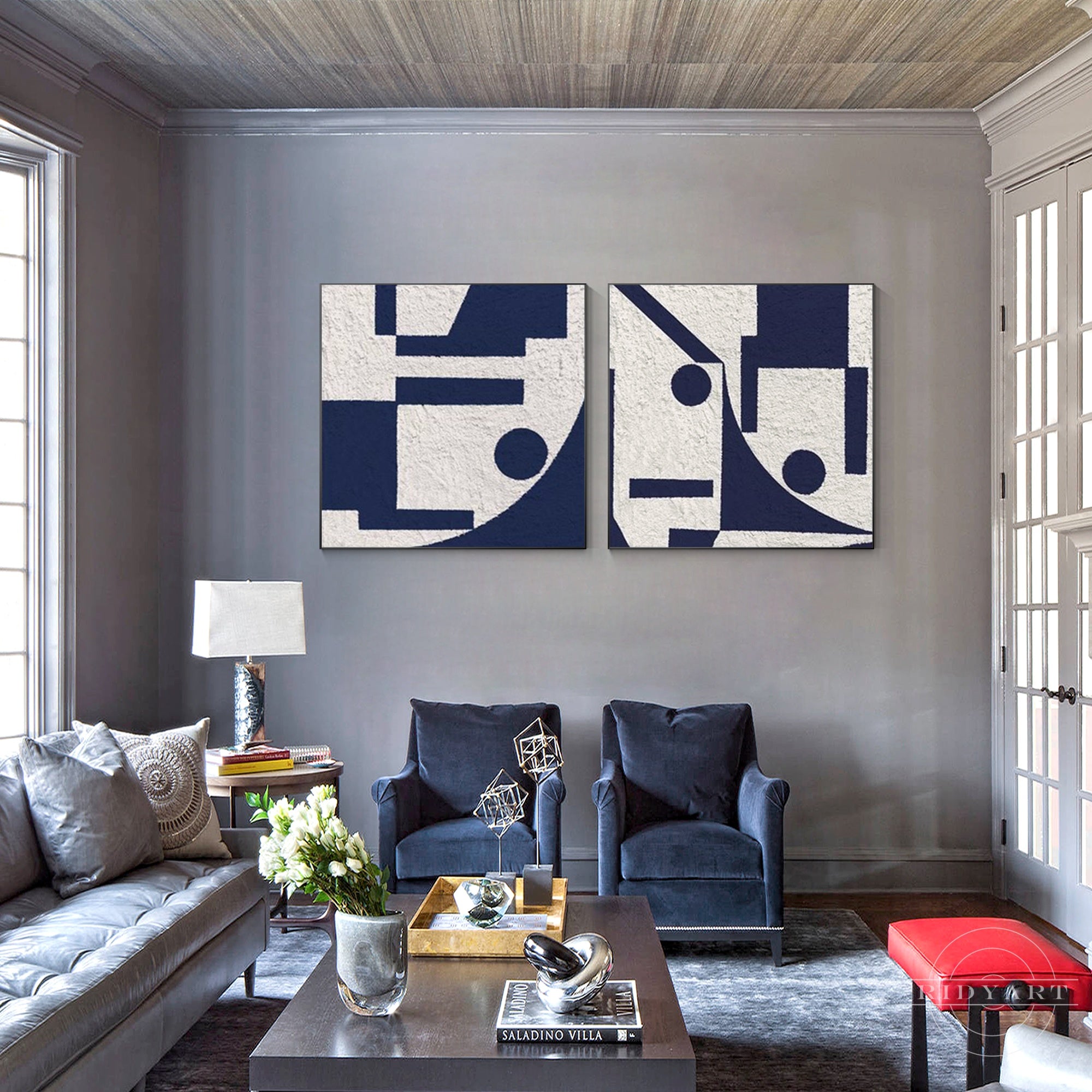 Hand-painted blue white abstract diptych