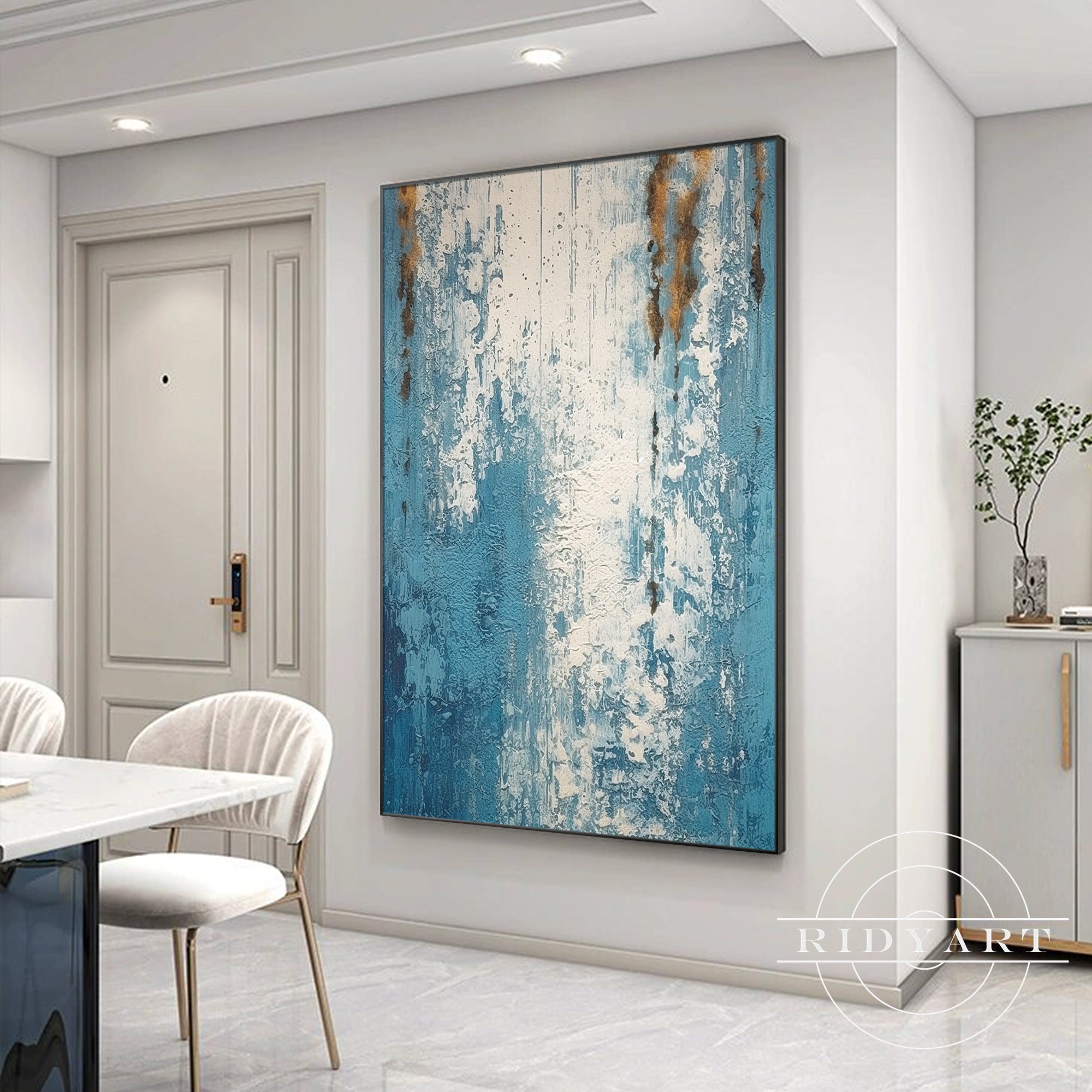 Modern blue white living room decor