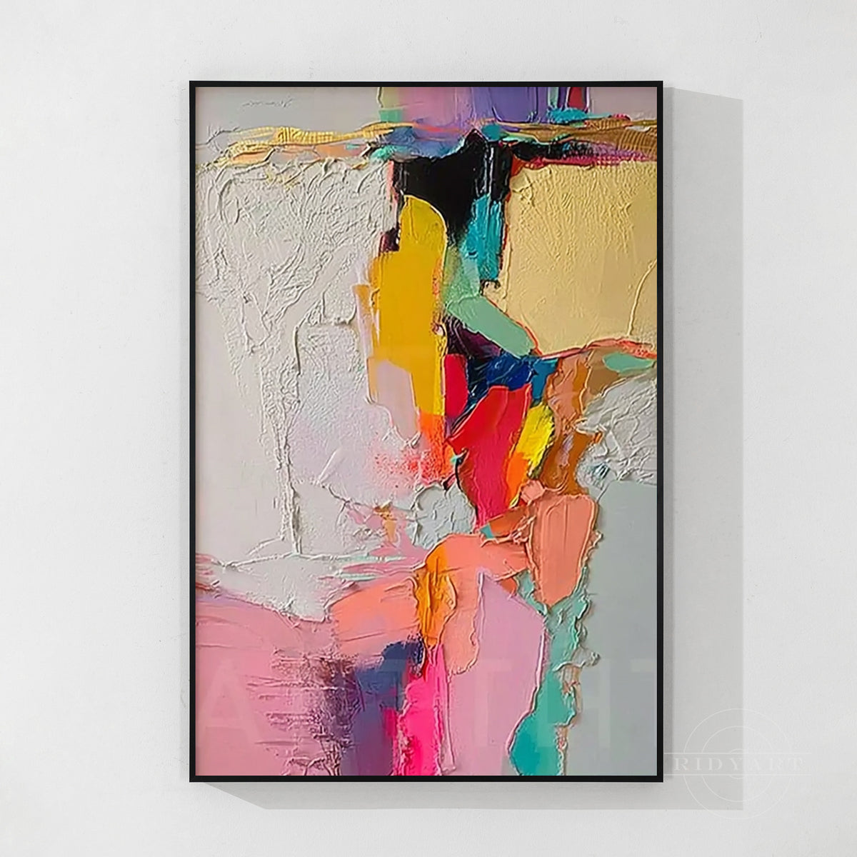 Modern vibrant abstract wall decor bringing bright pops of color into a contemporary neutral interior design scheme.