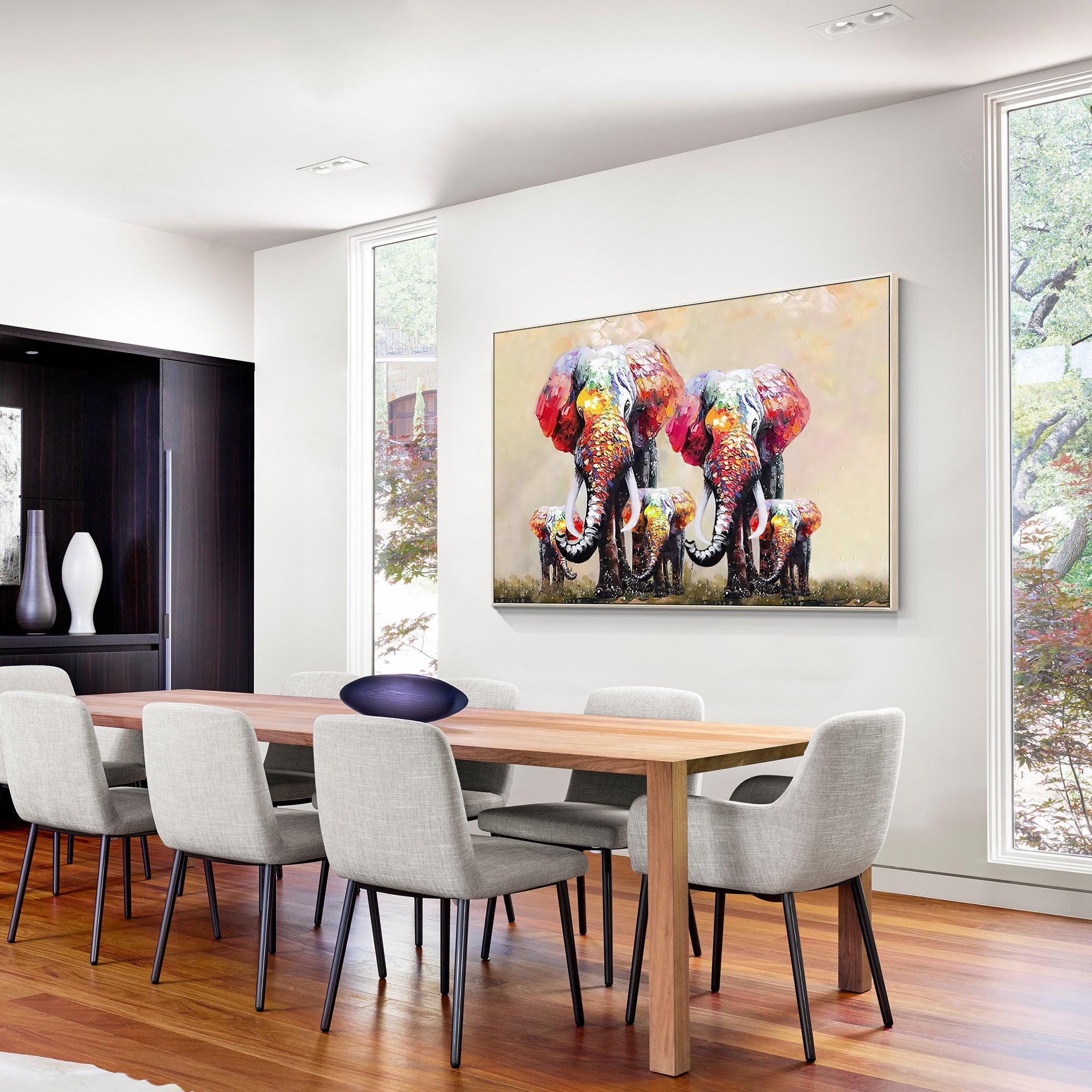 Modern textured painting of elephants for wall decor.