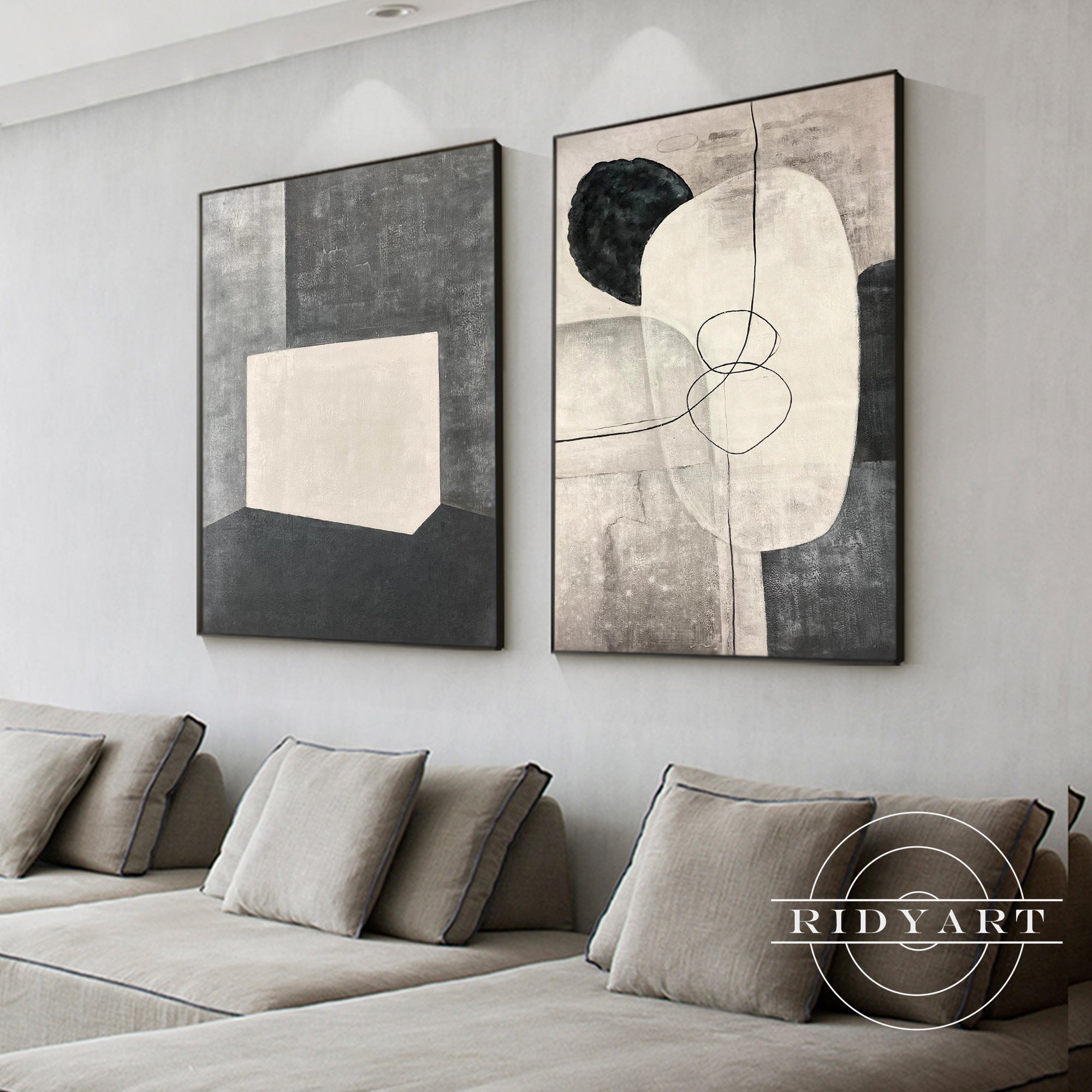 Framed abstract geometric paintings for living room decor
