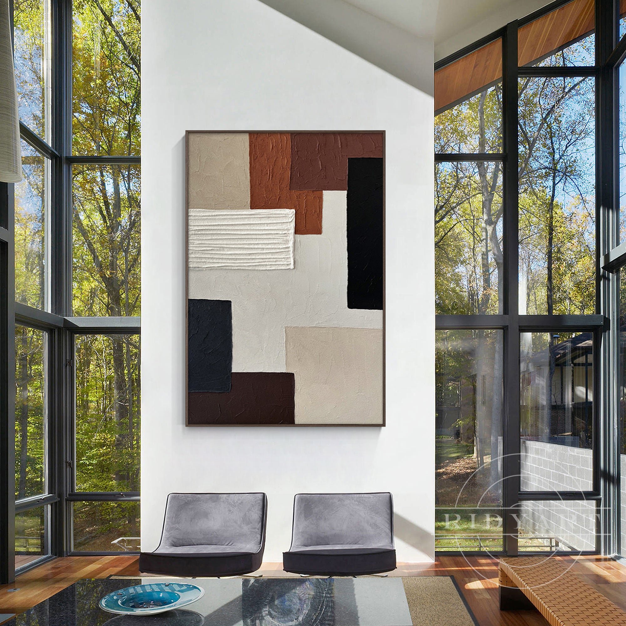 Bold geometric shapes and textures in an abstract oil painting