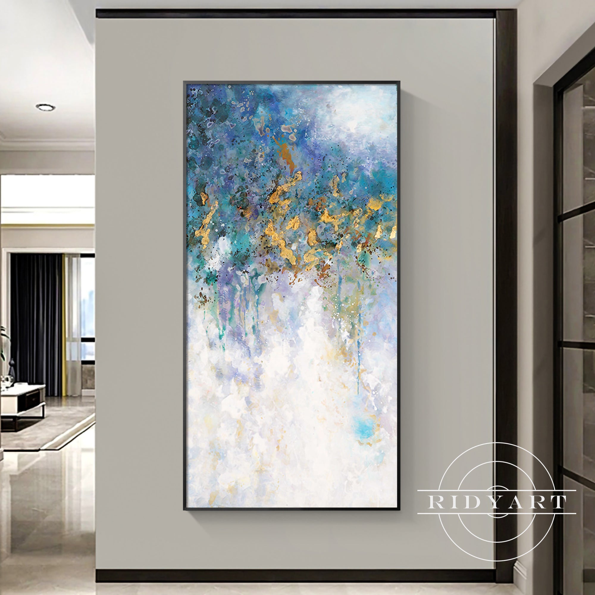 Modern living room blue gold wall decor