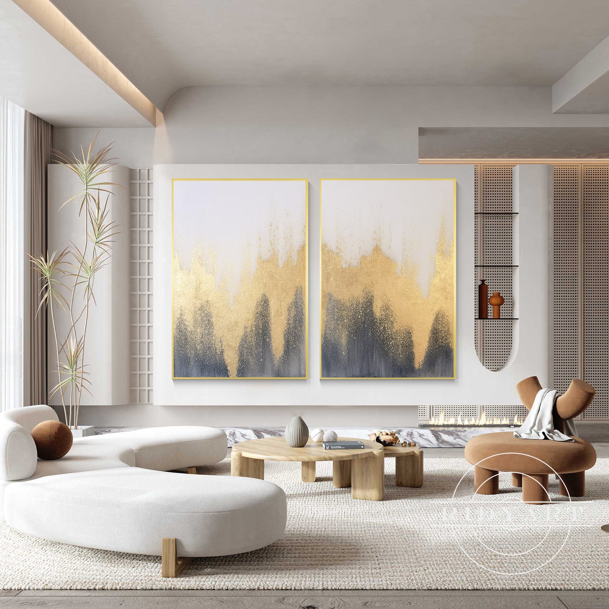 Modern abstract gold-accented blue canvas artwork