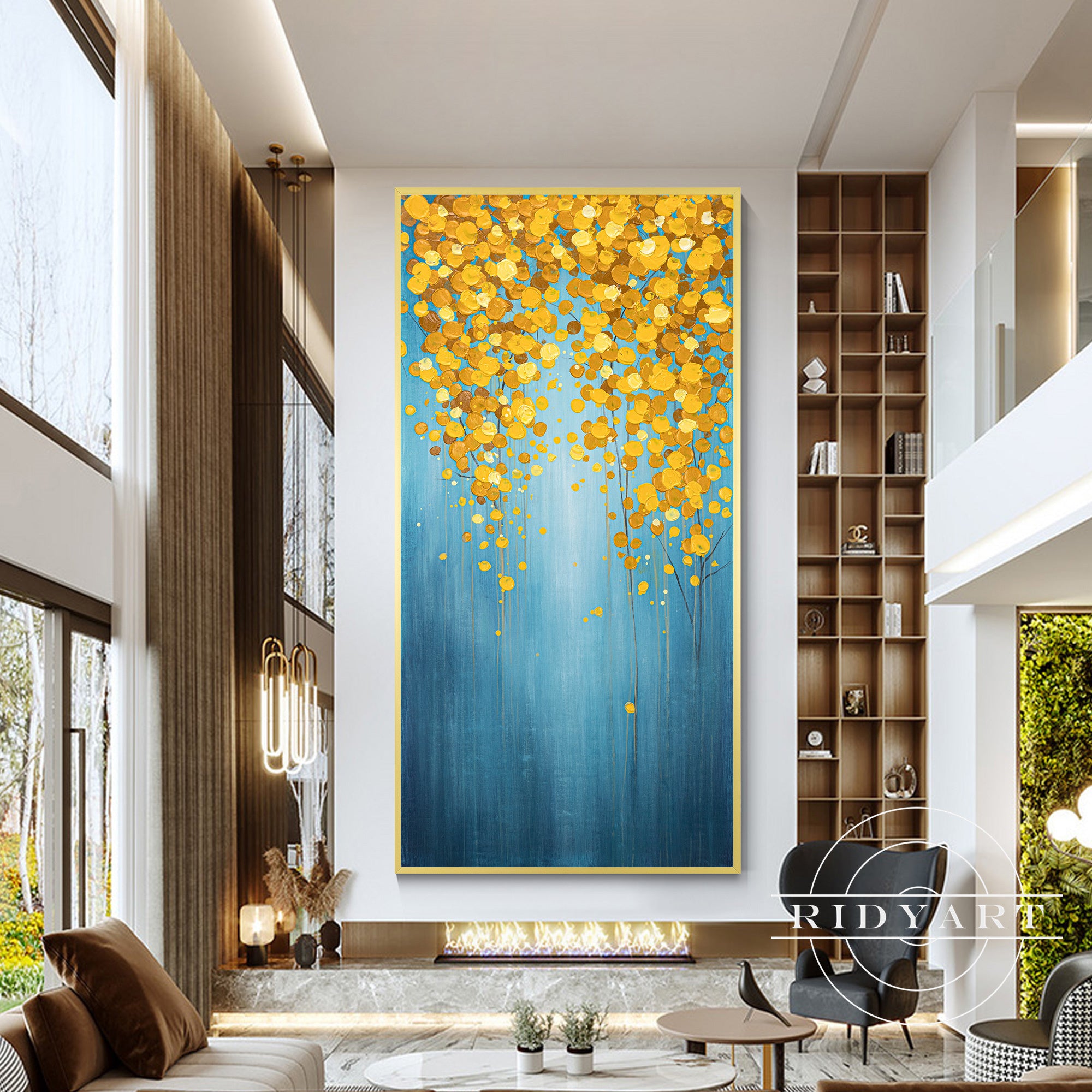 Framed blue gold canvas painting