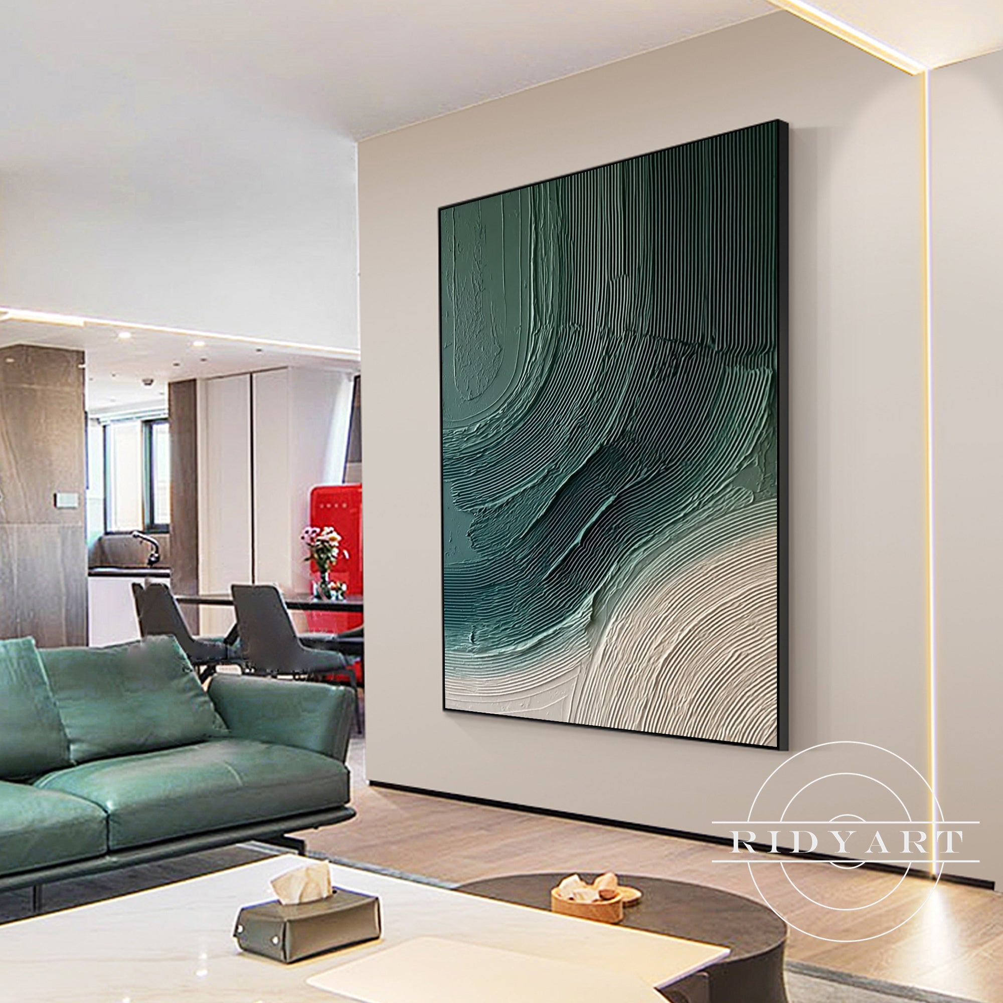 Modern green wall art with heavy textured brush strokes
