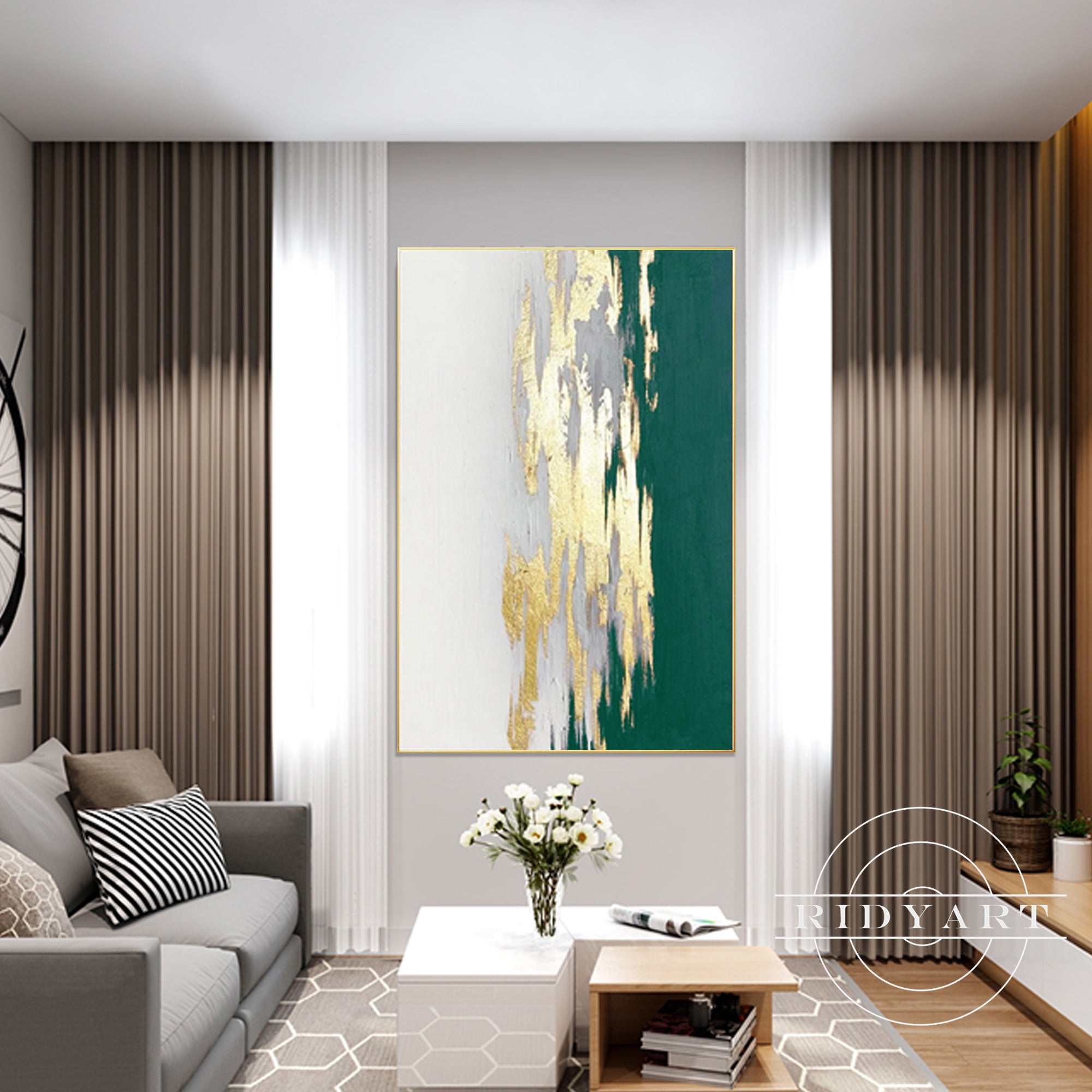 Abstract mural in green and gold tones