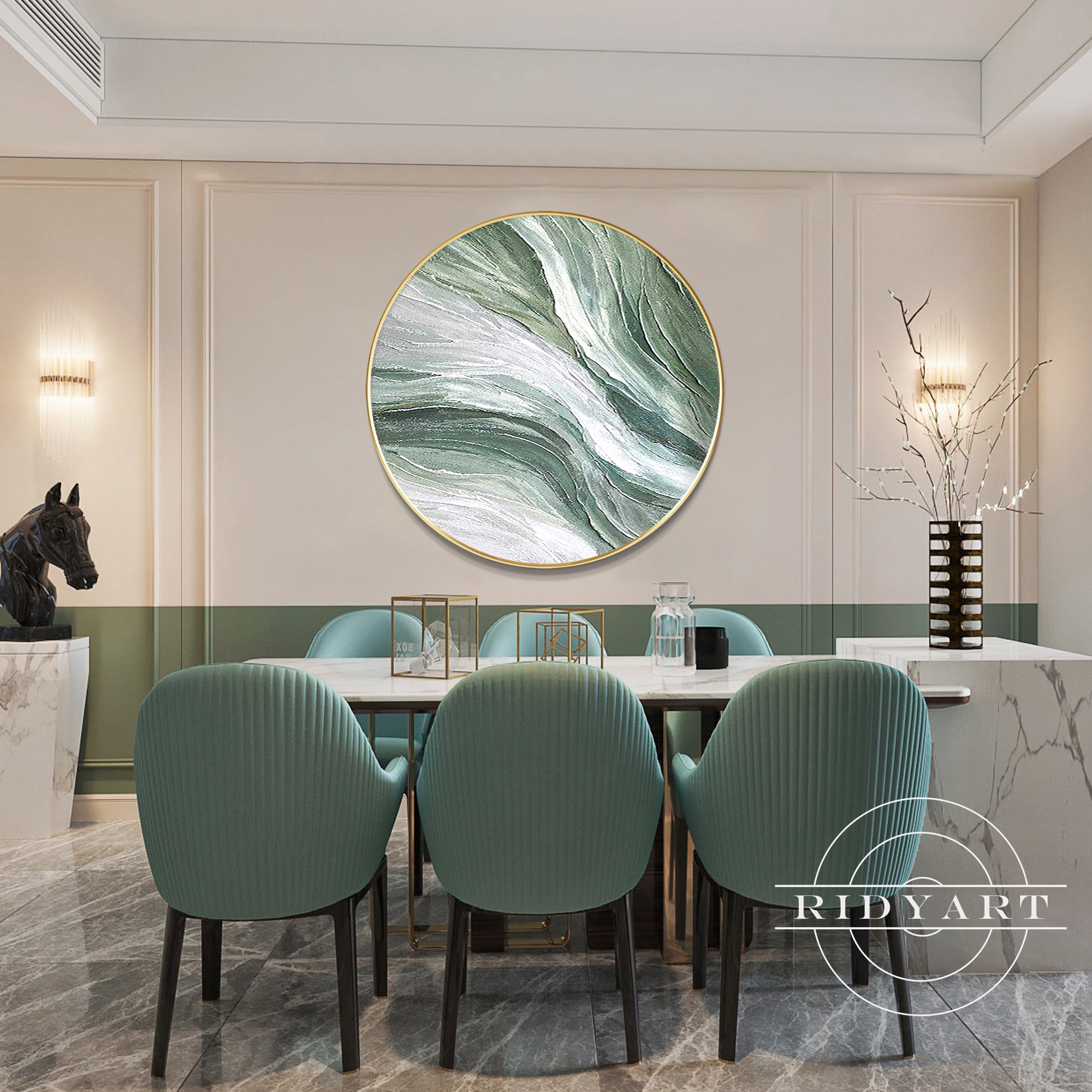 Contemporary abstract canvas art with organic green and gray blend