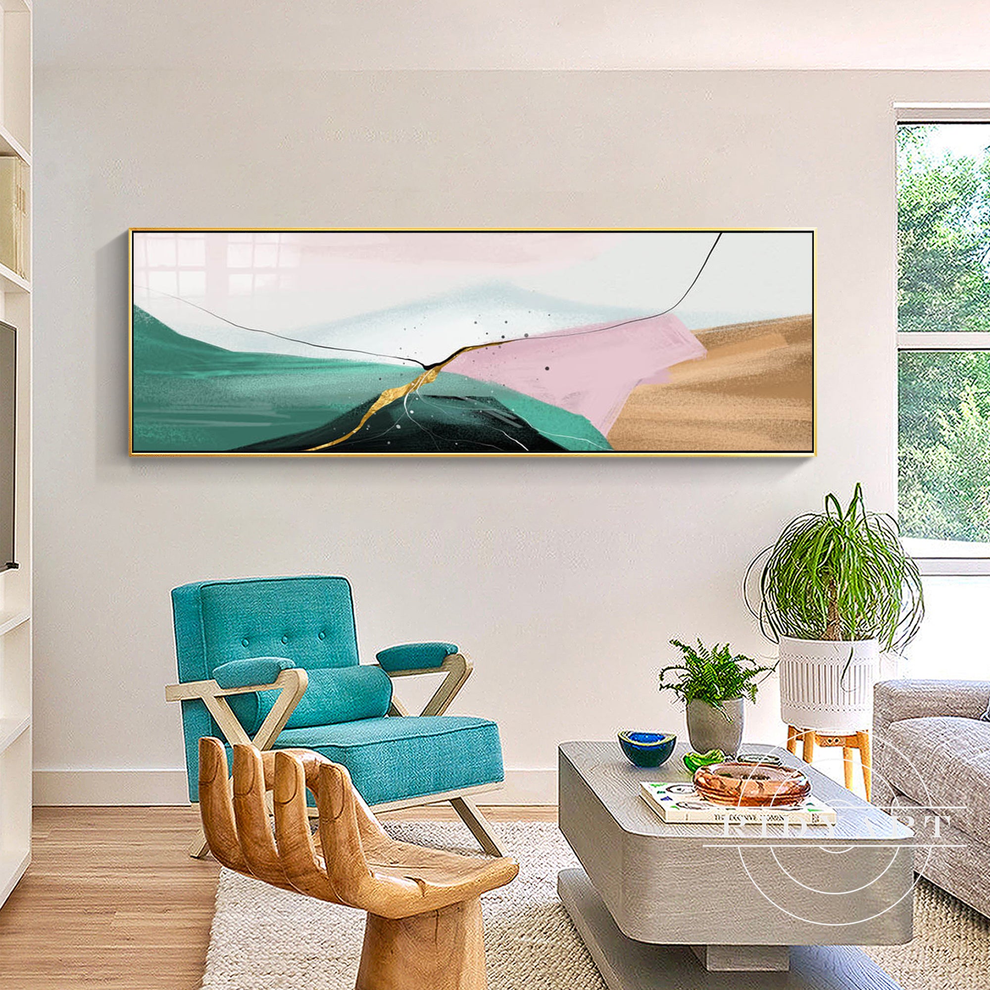 Modern green and pink abstract mountain painting on canvas.