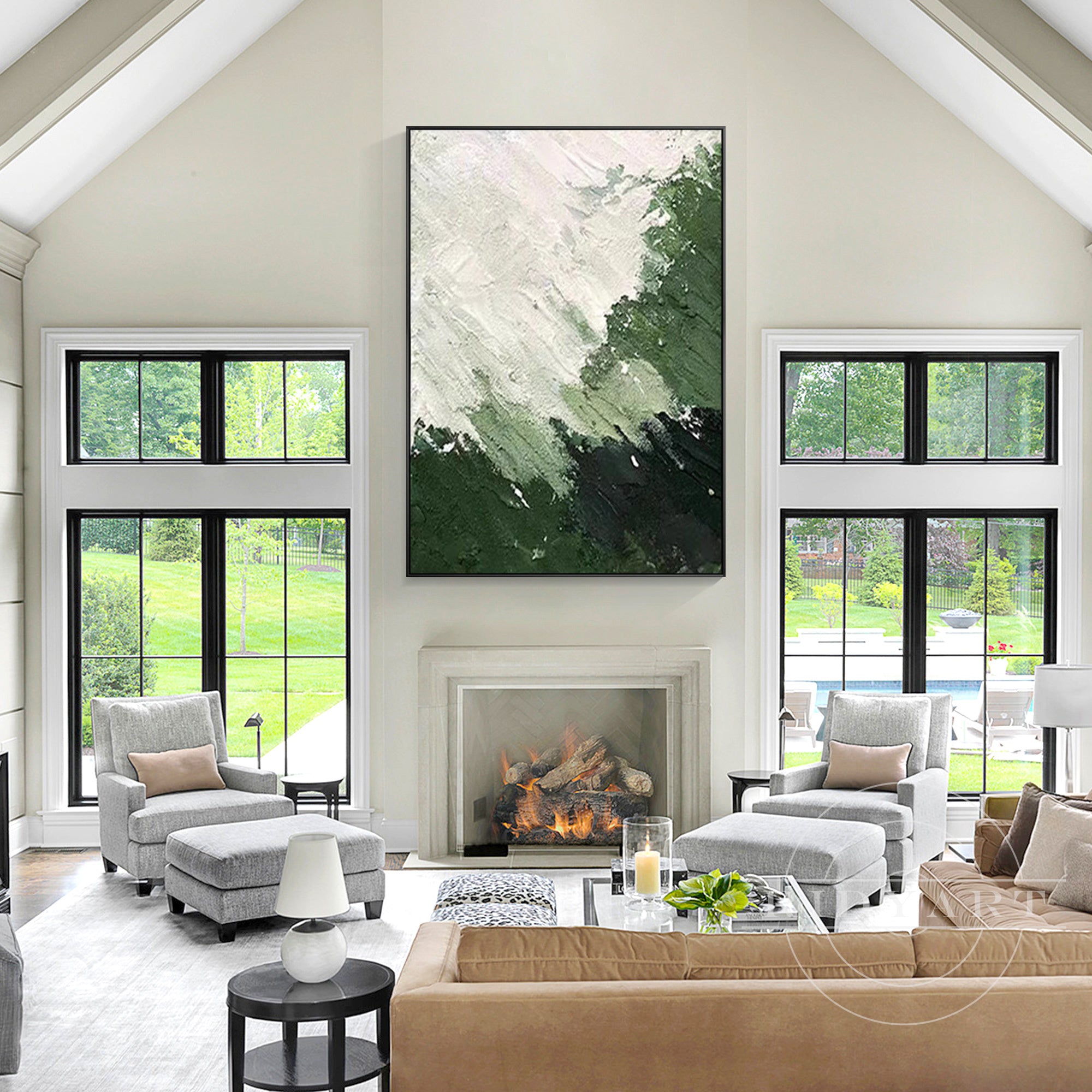 Green abstract wall art with textured details for living spaces