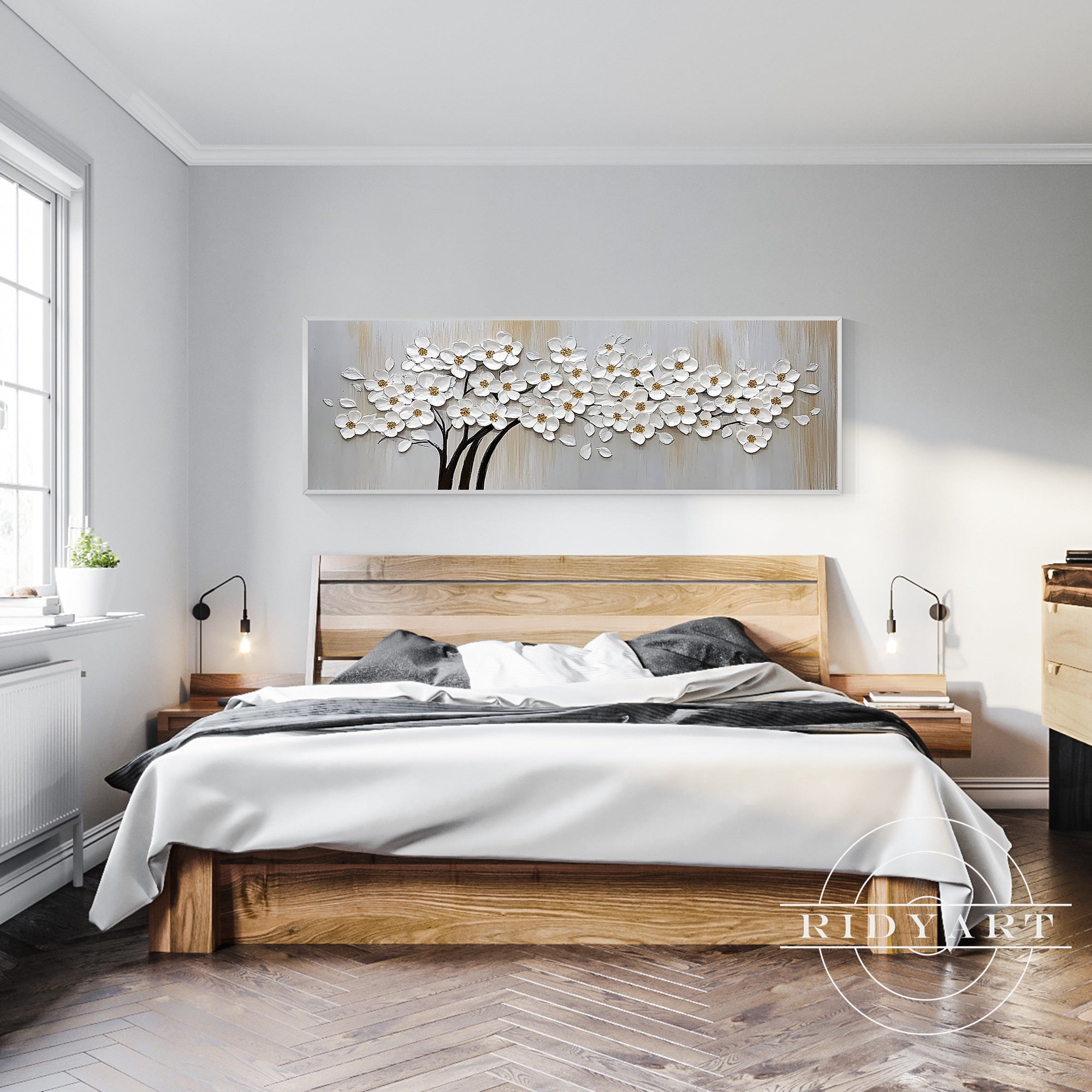 Modern horizontal gold and white flower artwork