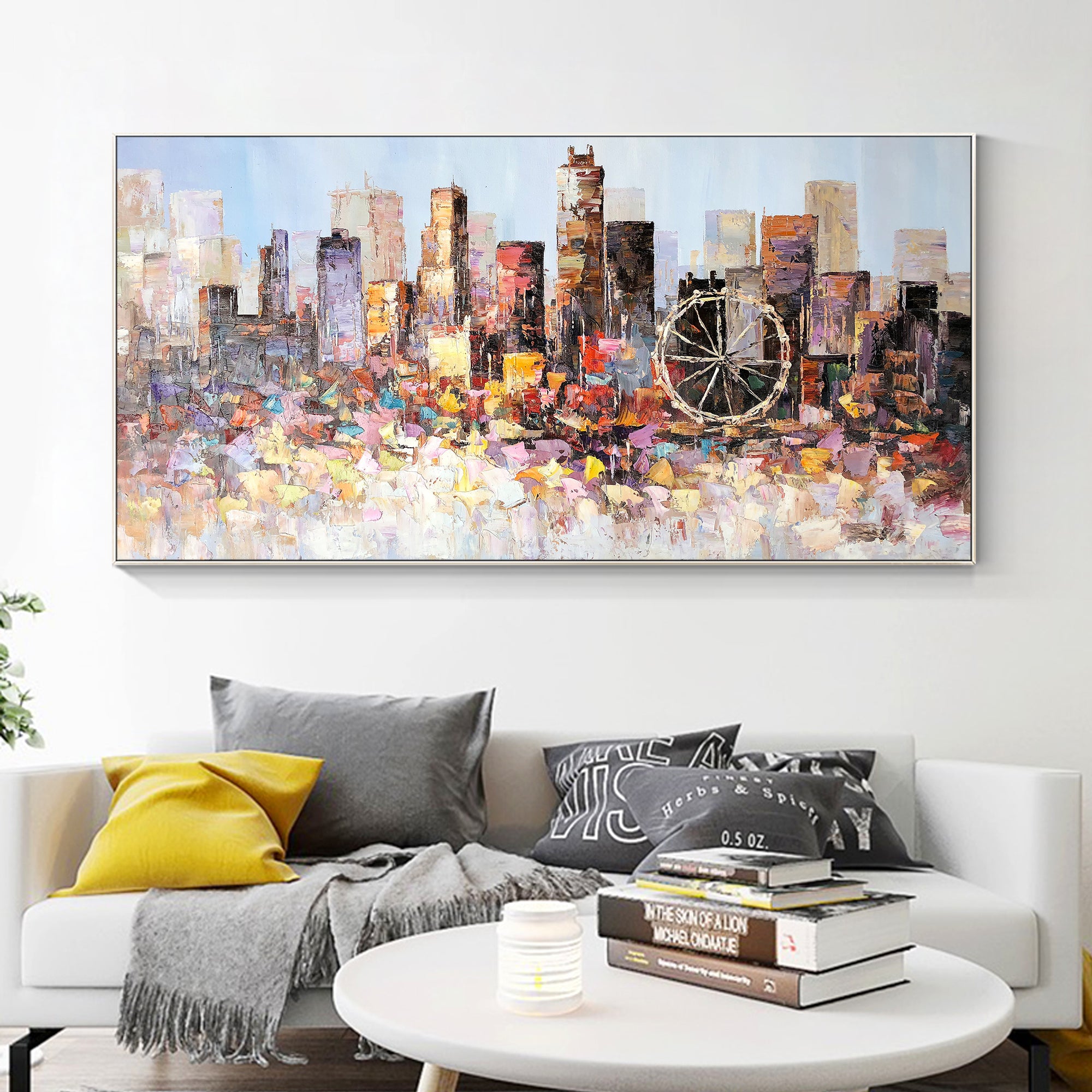 Urban-inspired LA skyline oil painting for home decor