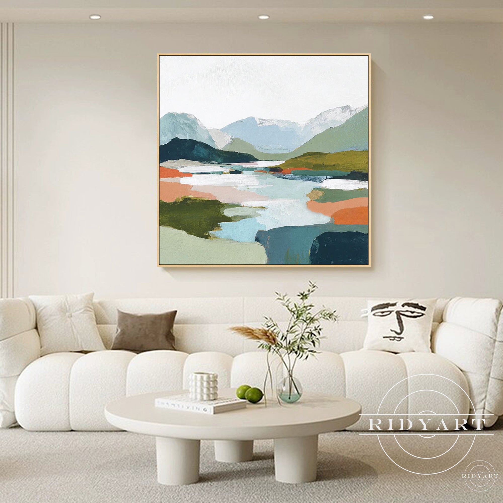 mountain lake abstract painting for living room decor