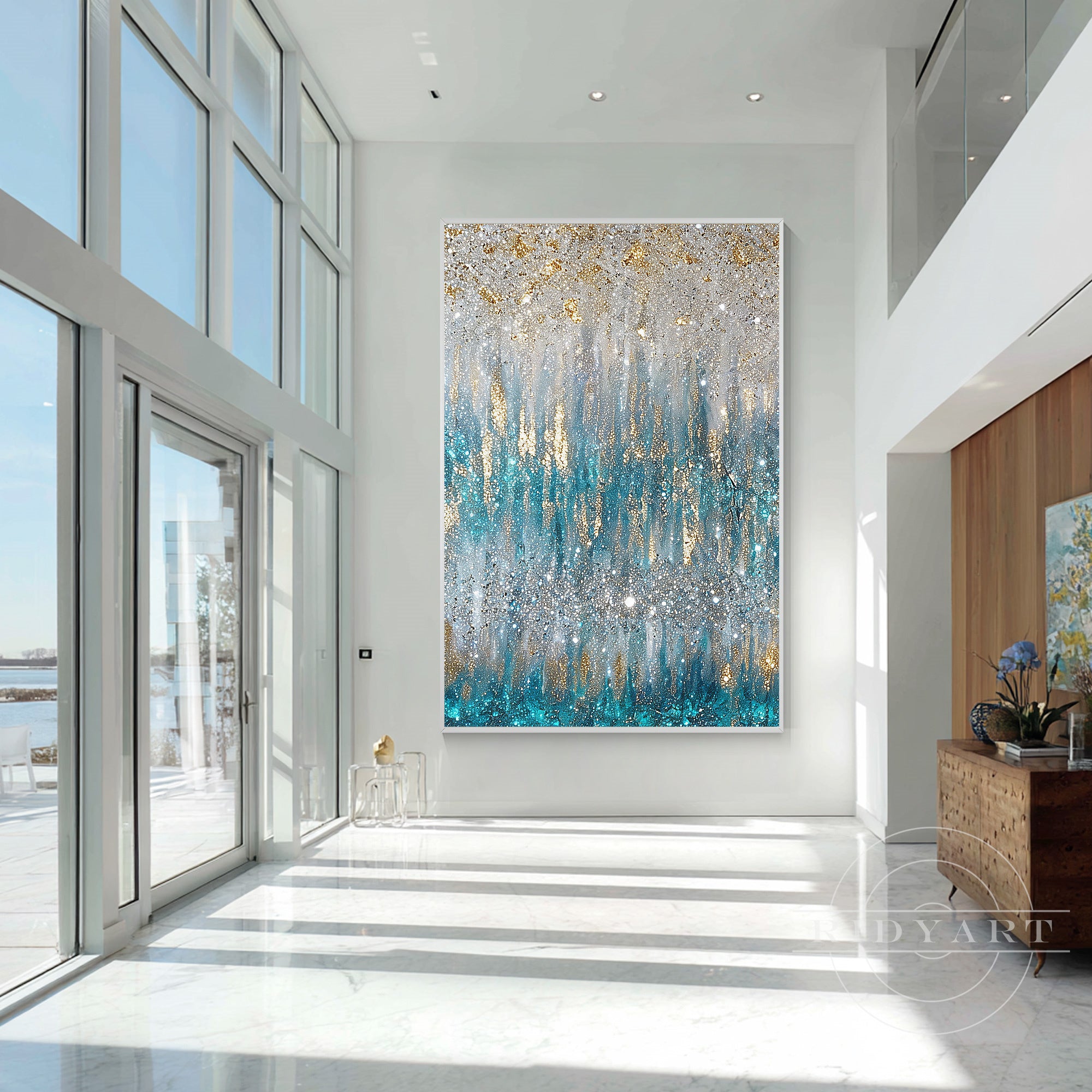 Teal blue canvas wall art for luxury living room decor