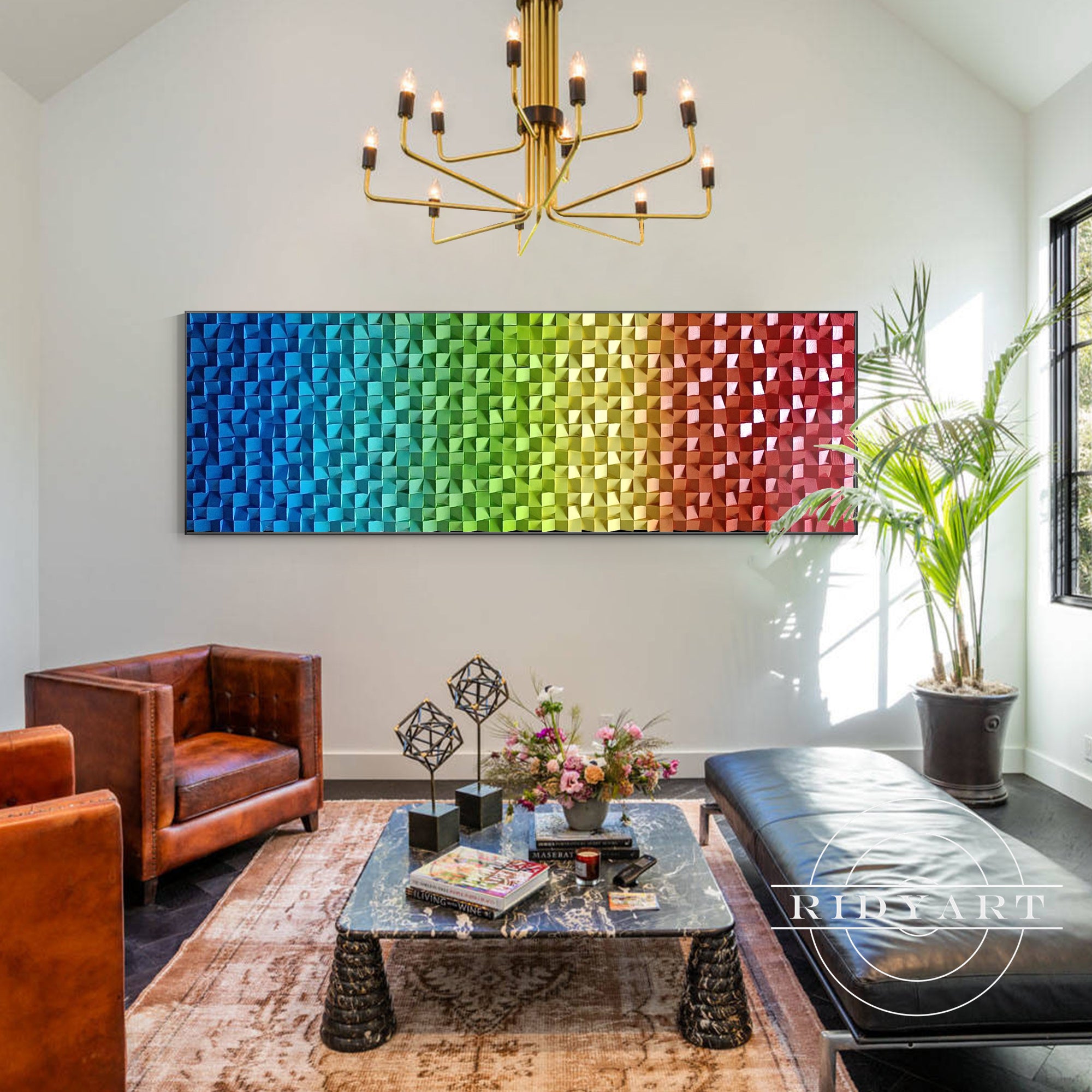 Long horizontal rainbow wall art for living room
