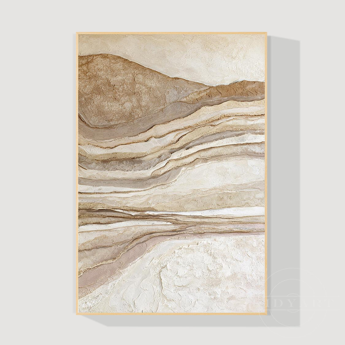Front view of a large modern minimalist 3D textured abstract canvas art featuring brown and beige wavy plaster layers in a light oak frame.