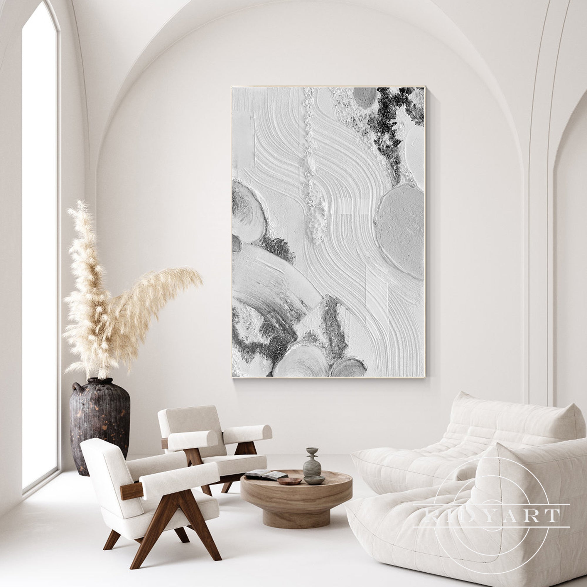 Modern abstract canvas in soft gray and white tones