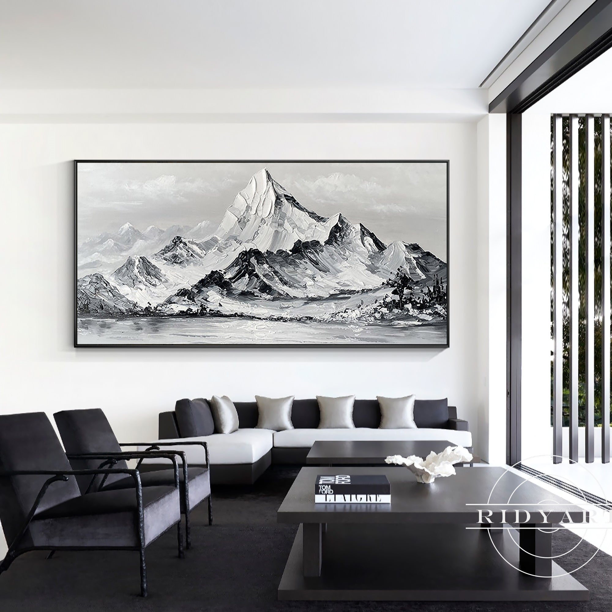 Framed black and white mountain canvas artwork