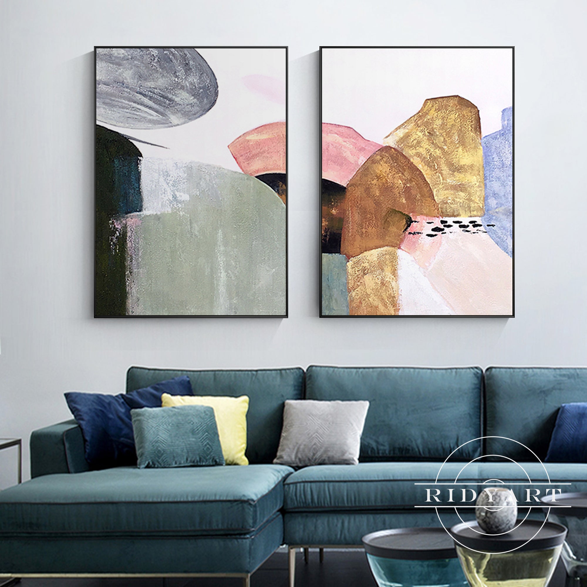 Framed abstract gold and pink mountain paintings
