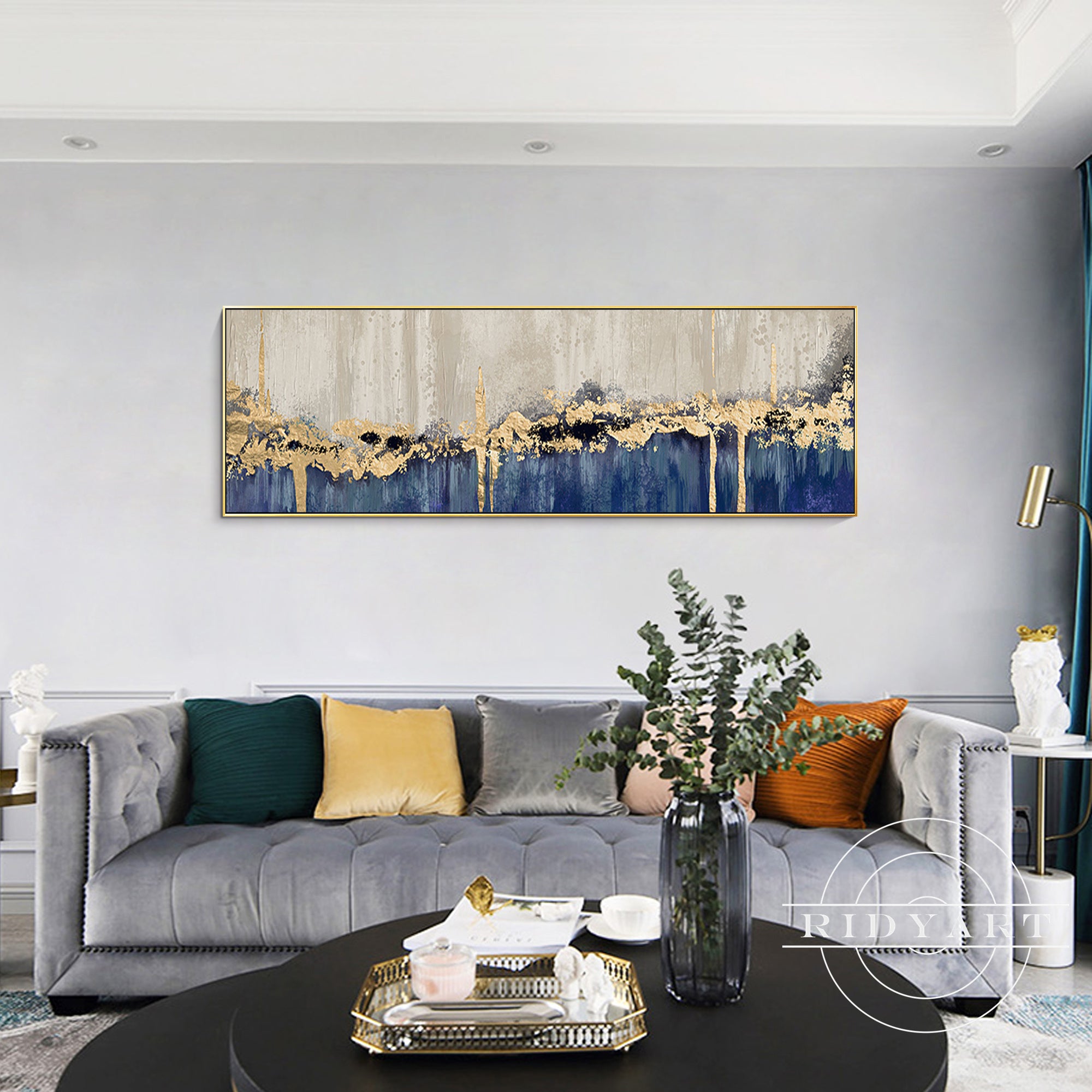 Long framed wall art in deep blue with shimmering gold foil