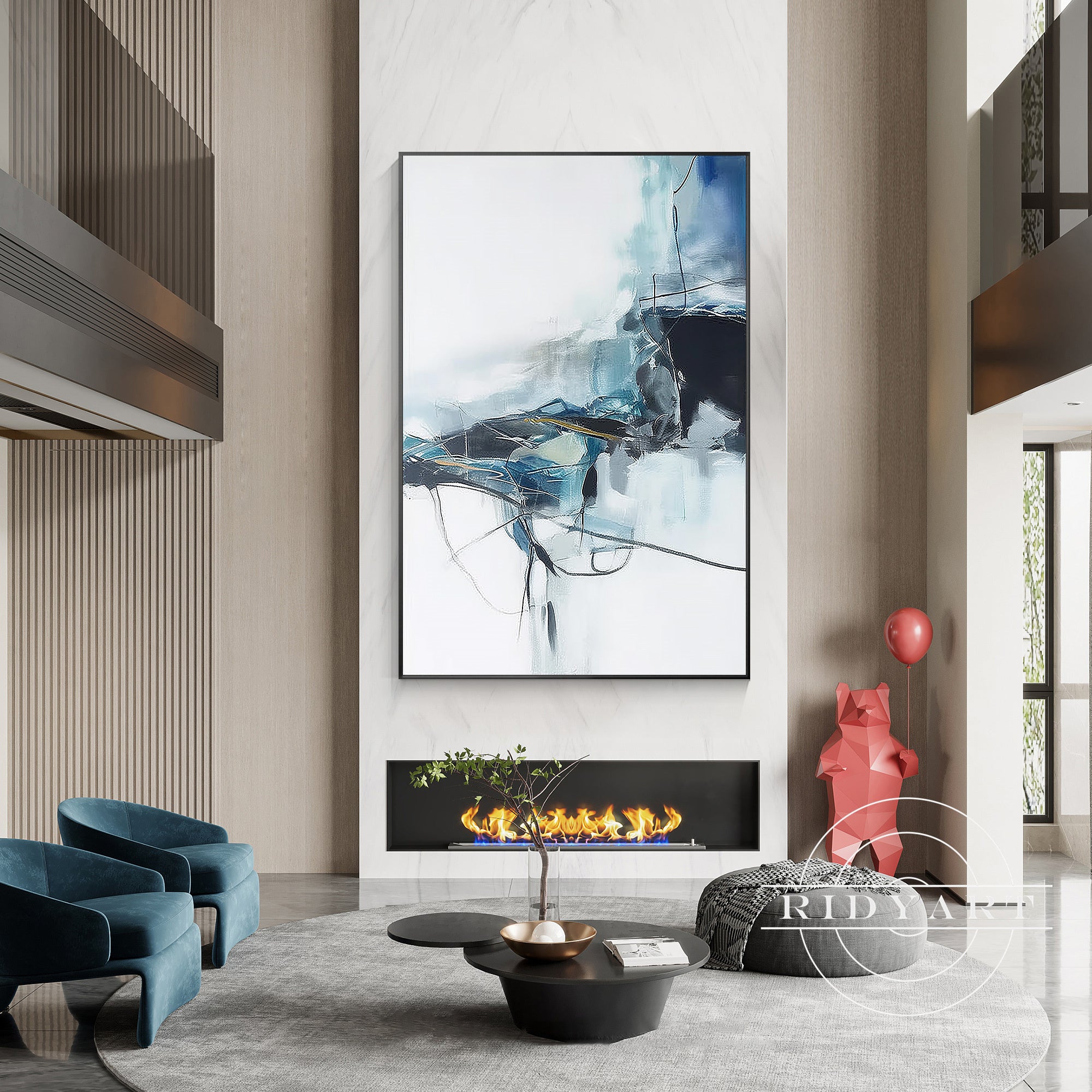 Large navy and white abstract canvas art with minimalist style
