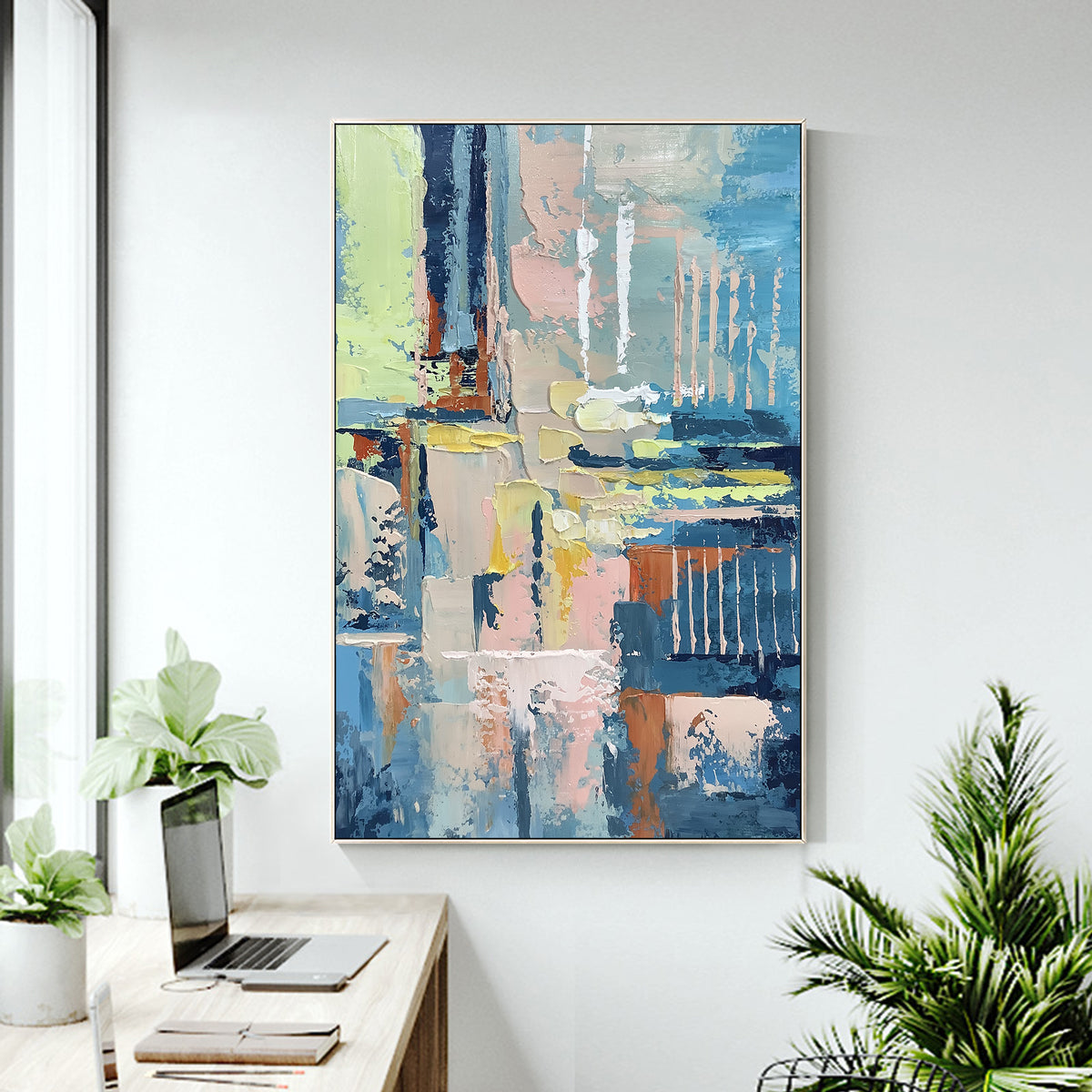 Modern Nordic style abstract canvas artwork with vibrant blue and pastel pink strokes
