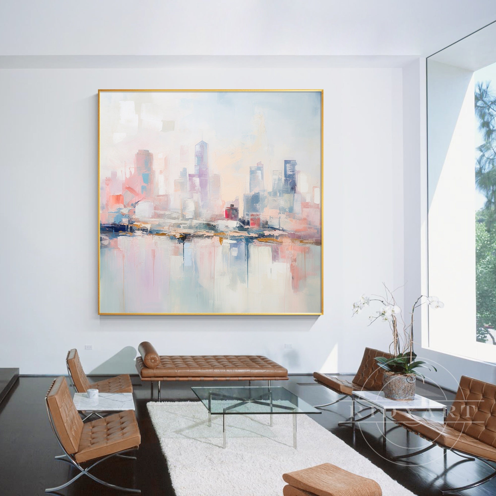Vibrant cityscape wall art in pink and blue tones for stylish interiors