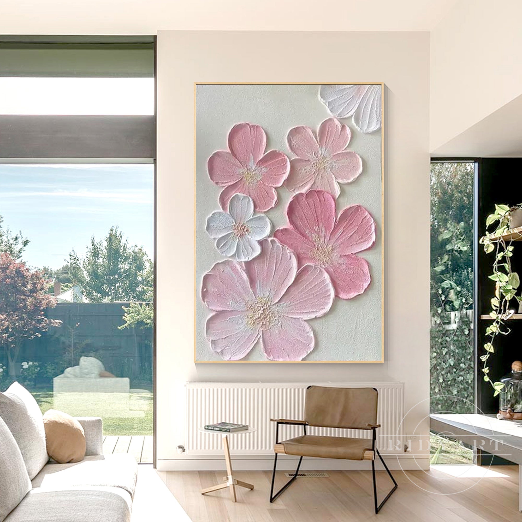 Elegant pink white flower canvas with heavy texture