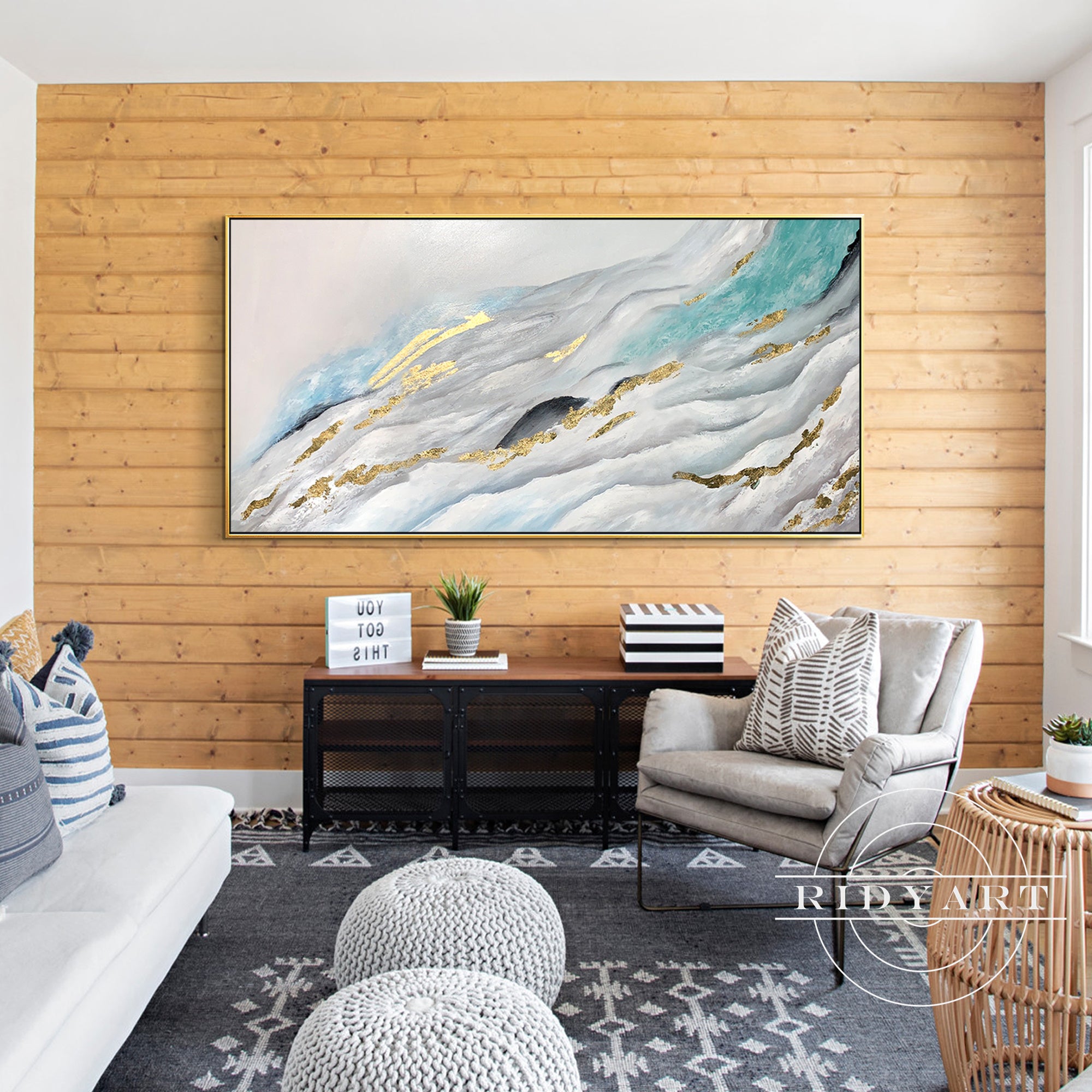 Pink gold teal abstract art for living room