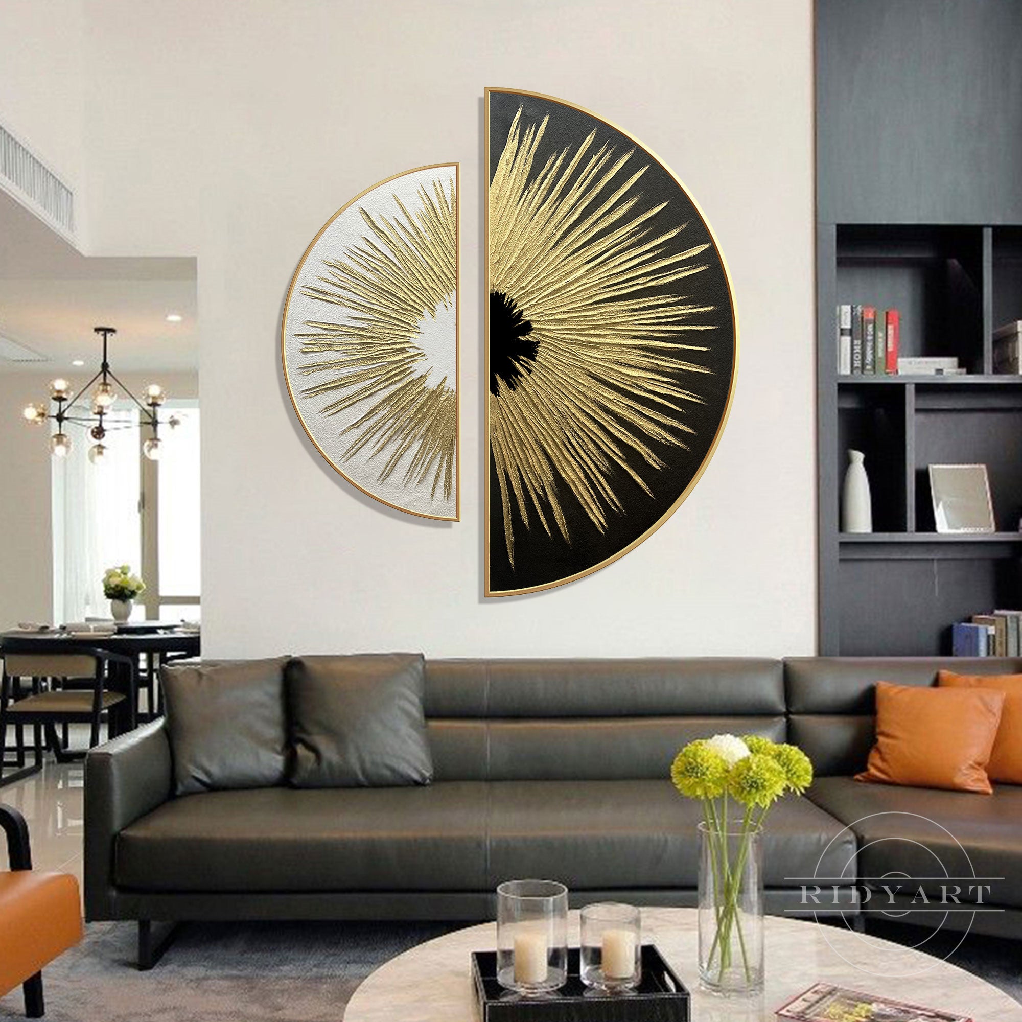 Black white gold abstract canvas for living room