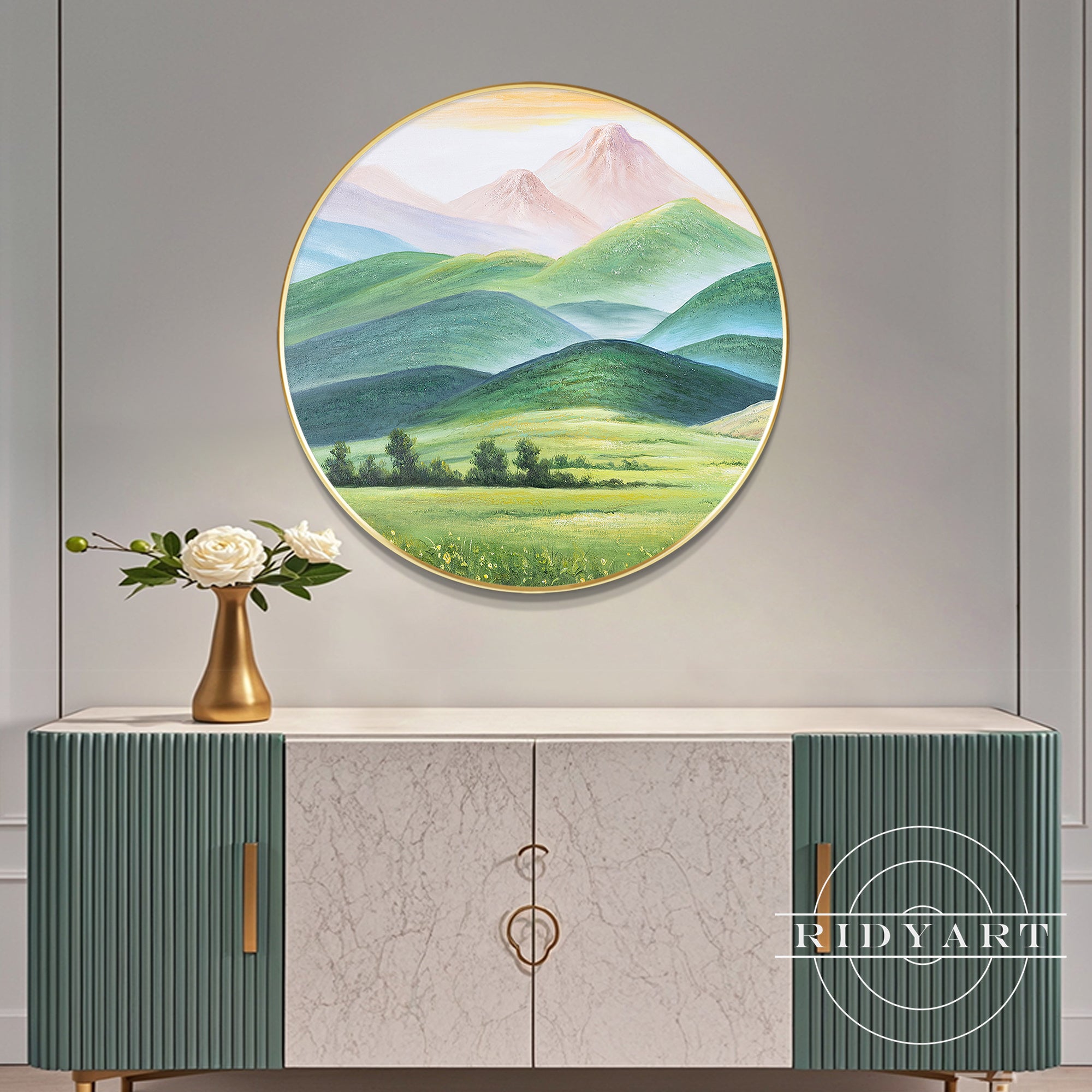 Contemporary round canvas wall art with mountain scenery