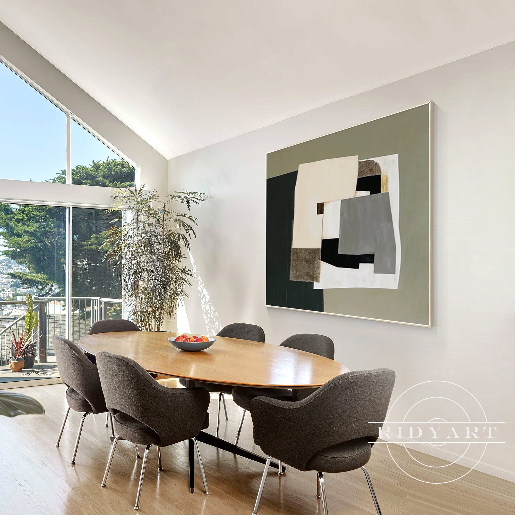 Elegant abstract canvas painting with sage green and neutral hues.