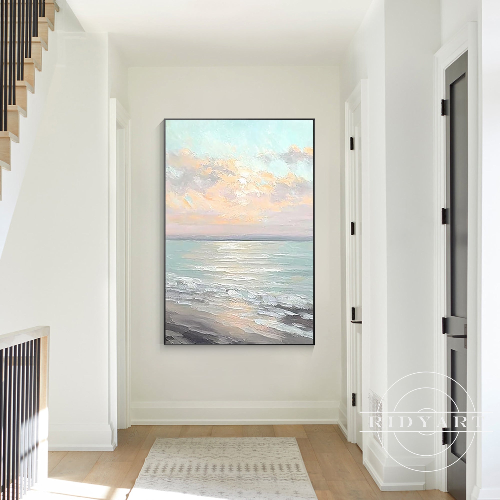 Blue grey ocean sunrise canvas art coastal décor