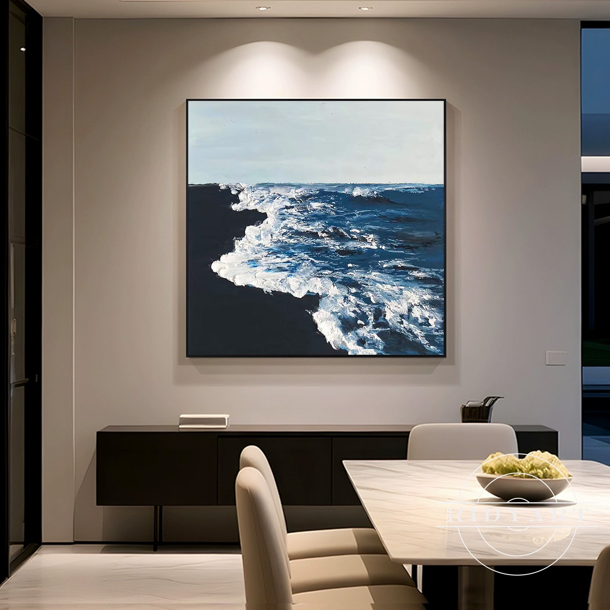 Hand-painted modern seascape on square canvas