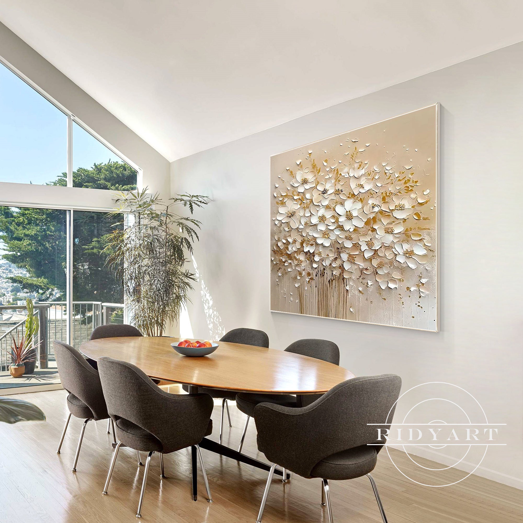 Modern textured floral square painting with gold highlights
