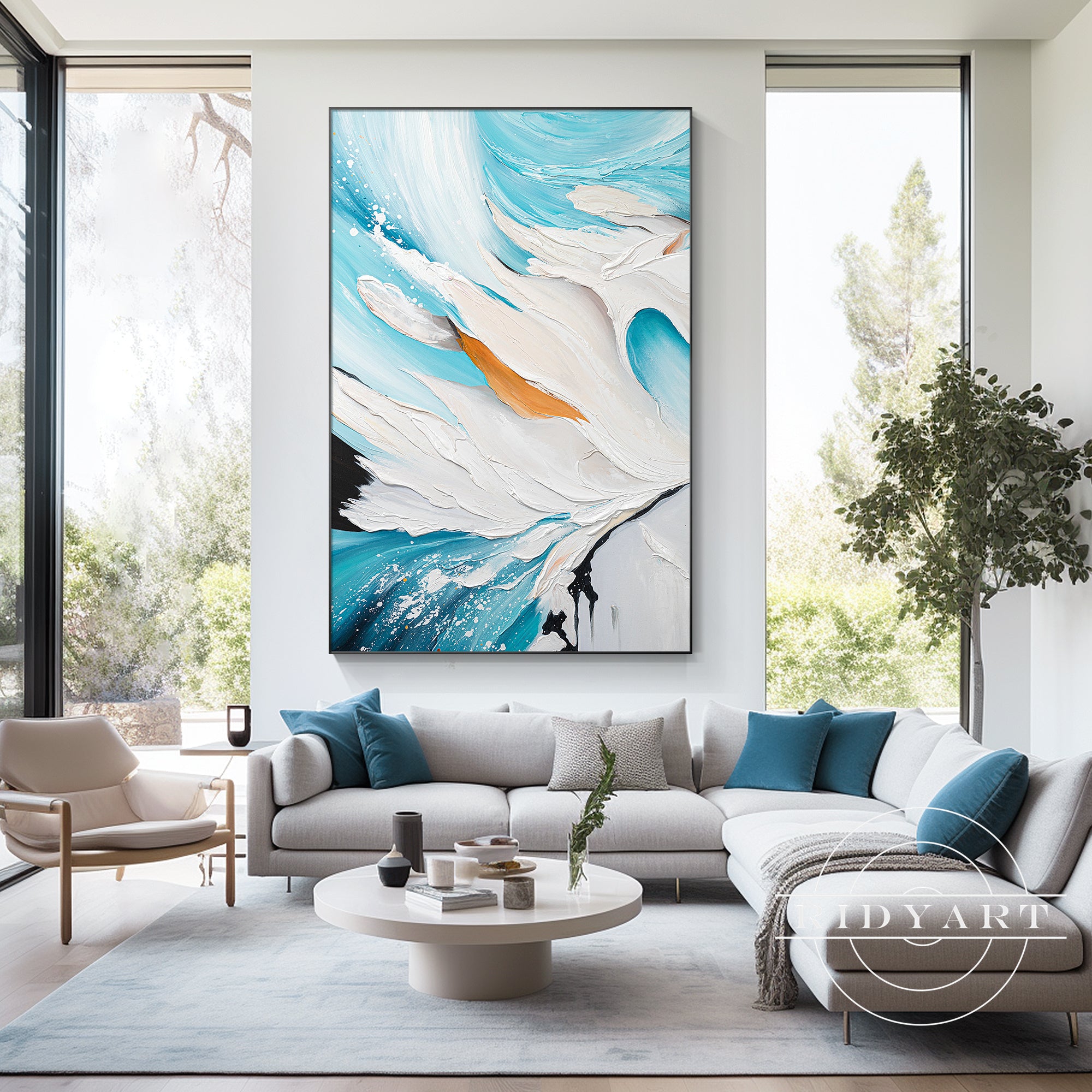 Coastal teal abstract canvas painting with raised texture