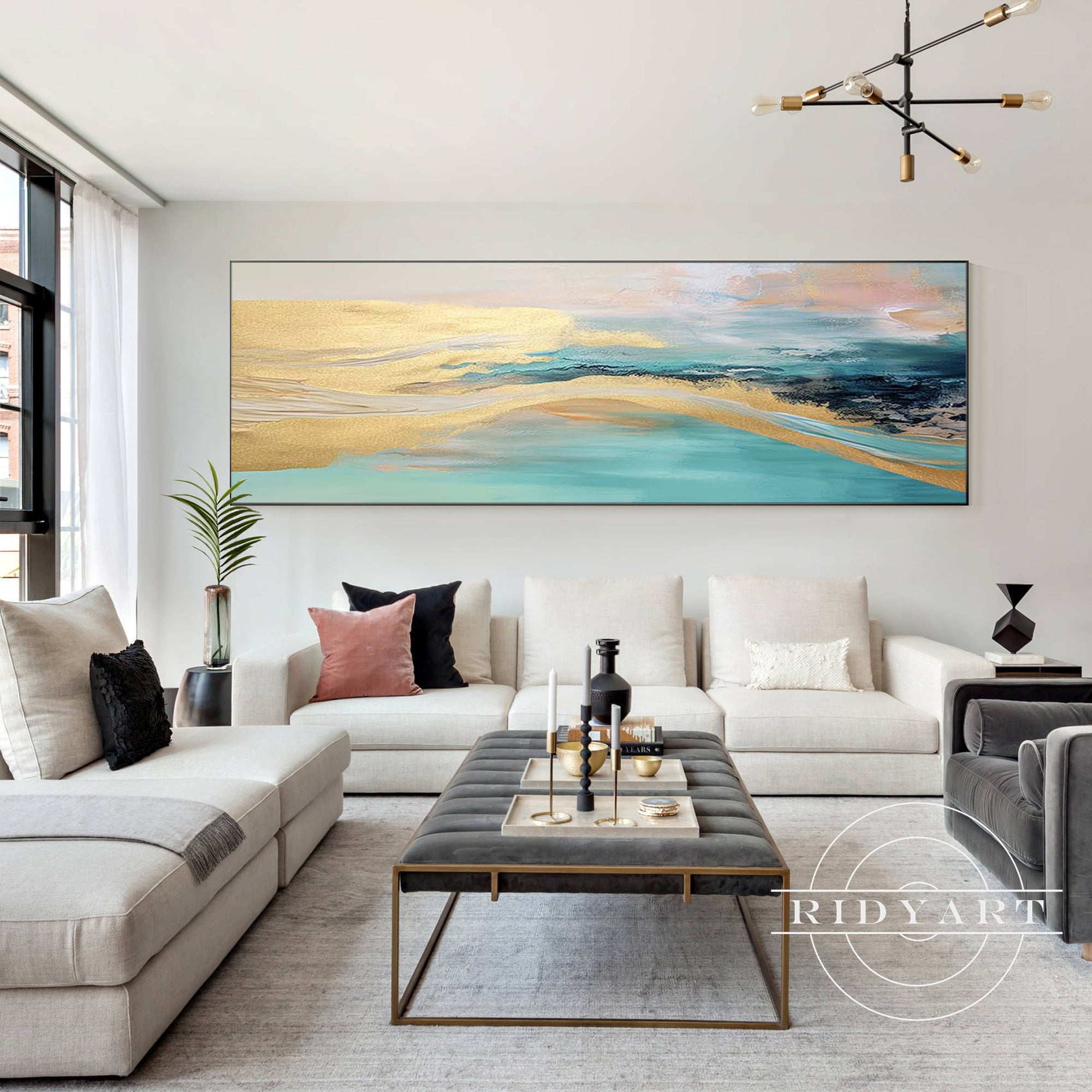 Contemporary turquoise and gold artwork on canvas.